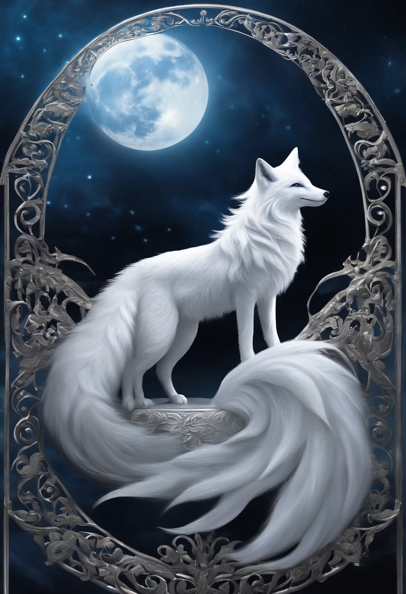k hd，Mythical spirit beasts，Nine-tailed silver fox，Giant nine-tailed fox，White flull，Look at the moon