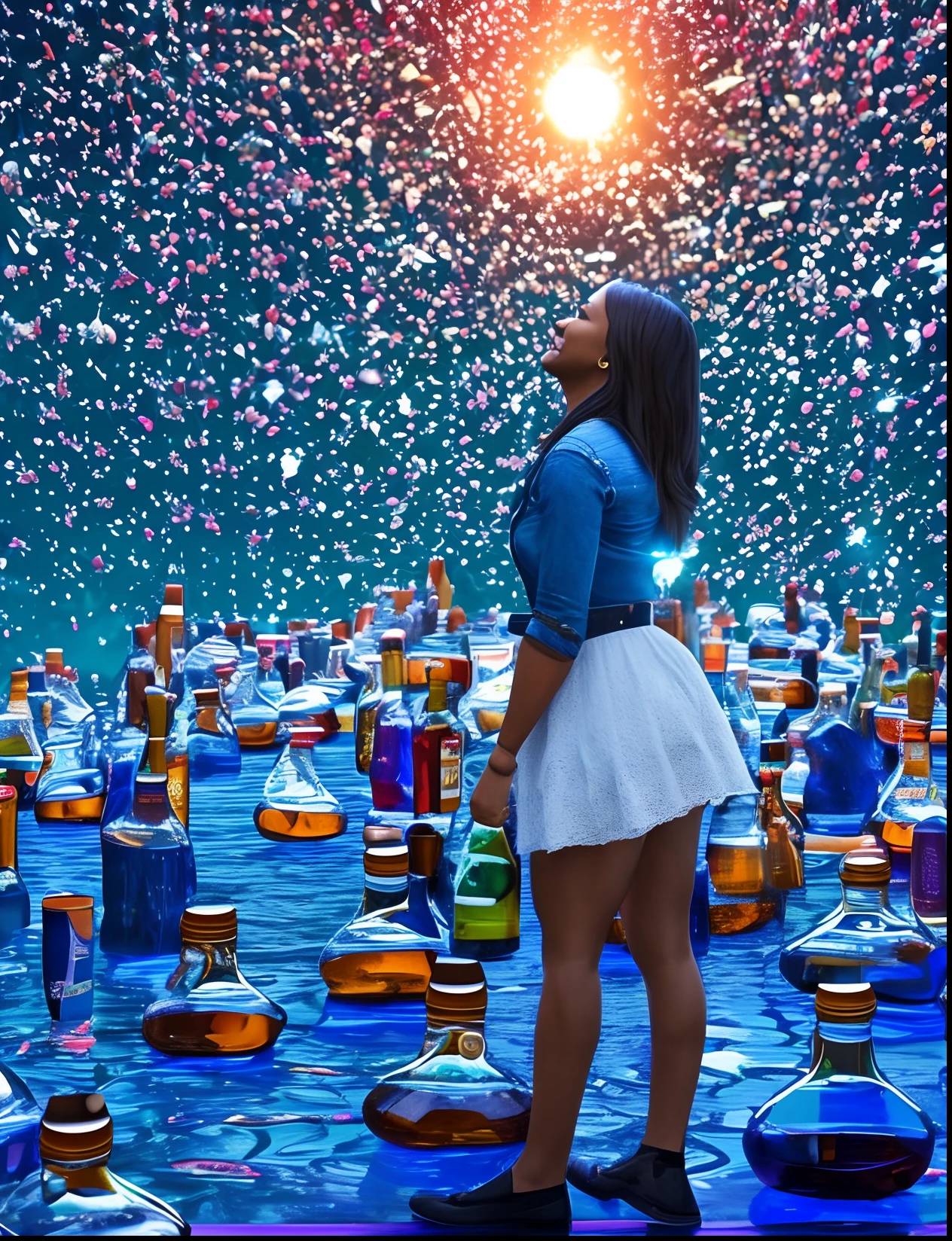 Full body shot of A black woman standing on a wet surface, surrounded by beer bottles and wine bottles floating in the air, blue moon in the sky shining blue light in the scene, with iridescent light, 32k, ultra HD, unreal engine rendered, cinematic lighting, artgerm style, bright and vibrant colours, photorealistic image, highly detailed images, IMAX resolution quality shot, --auto --s2