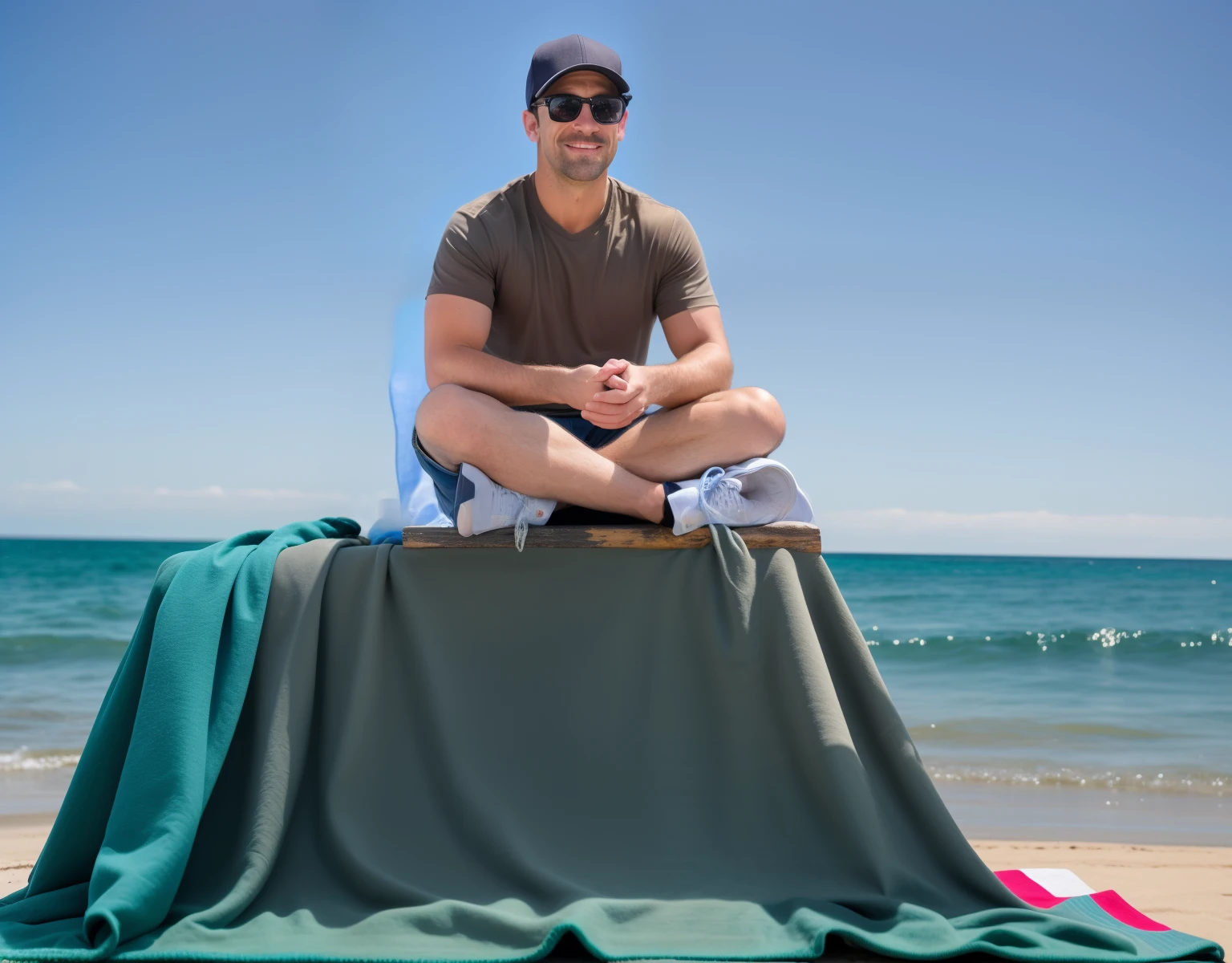 there is a man sitting on a blanket on the beach, a man sitting on a jetty, really realistic, sitting at the beach, promo shot, portrait photo of a backdrop, on the ocean, sitting on a table, on beach, aaron rodgers, sitting on the beach, eric winter, background is heavenly, very realistic, extremely realistic, photoshoot