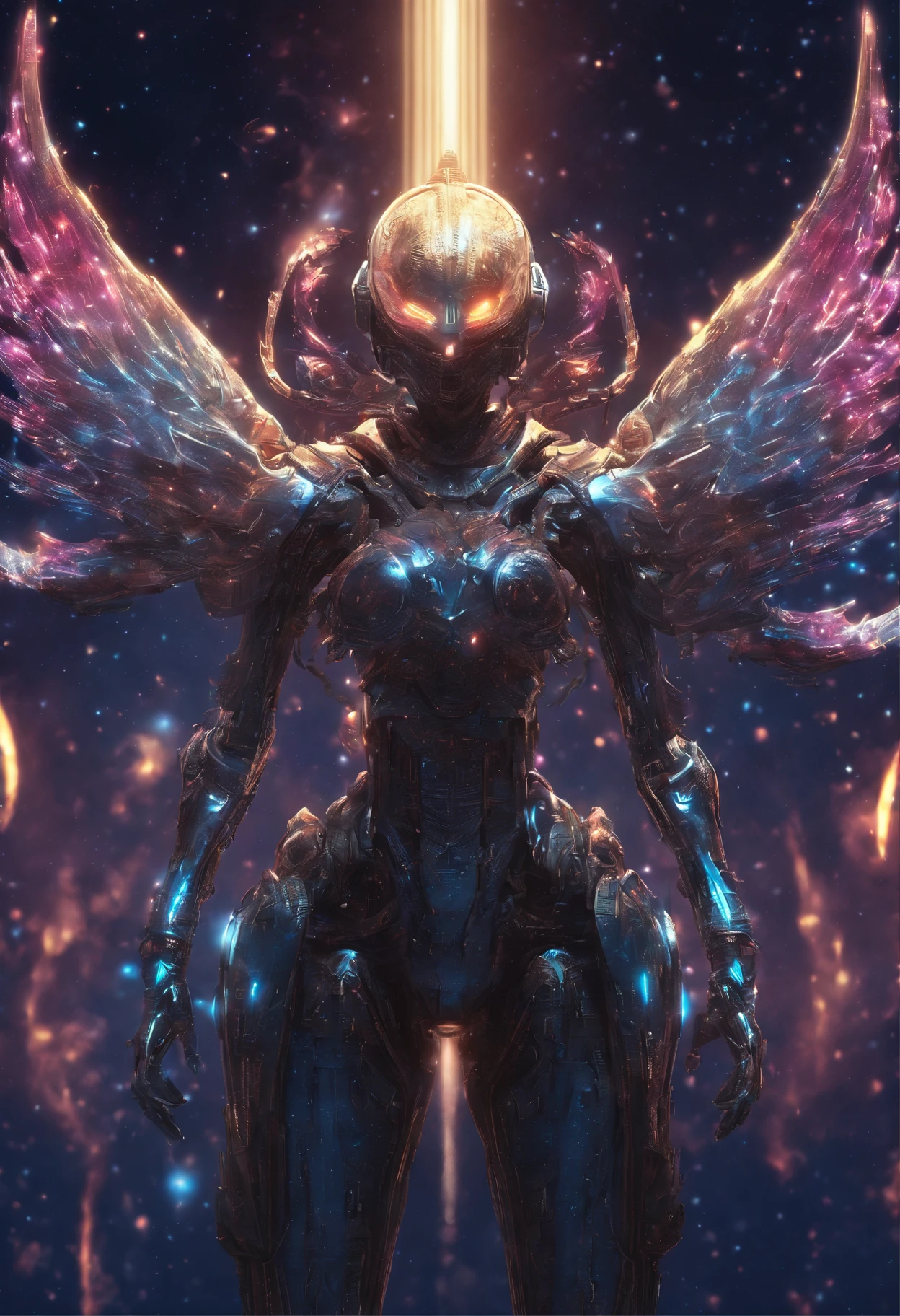 Fallen Angels of the Universe, glowing light eyes, biomechanical, eery, creepy, nightmarish, Very bright colors, light Particle, with light glowing, Musif, Wallpaper Art, UHD Wallpapers