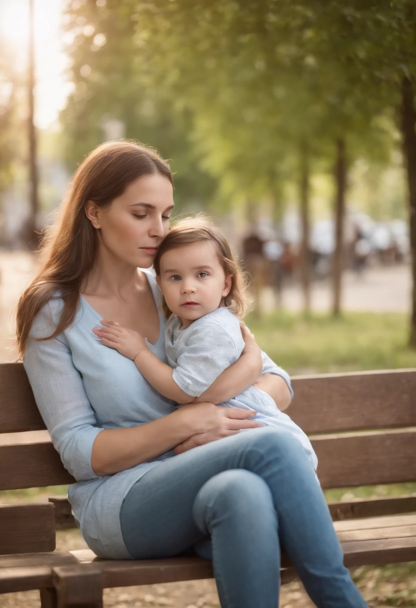 Mother nursing her child sitting on a wooden bench in a square