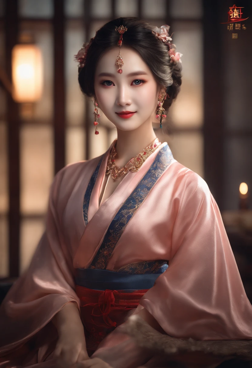 best quality, masterpiece, highres, 1girl,blush,(seductive smile:0.8),star-shaped pupils,china hanfu,hair ornament,necklace, jewelry,Beautiful face,upon_body, tyndall effect,photorealistic, dark studio, rim lighting, two tone lighting,(high detailed skin:1.2), 8k uhd, dslr, soft lighting, high quality, volumetric lighting, candid, Photograph, high resolution, 4k, 8k, Bokeh