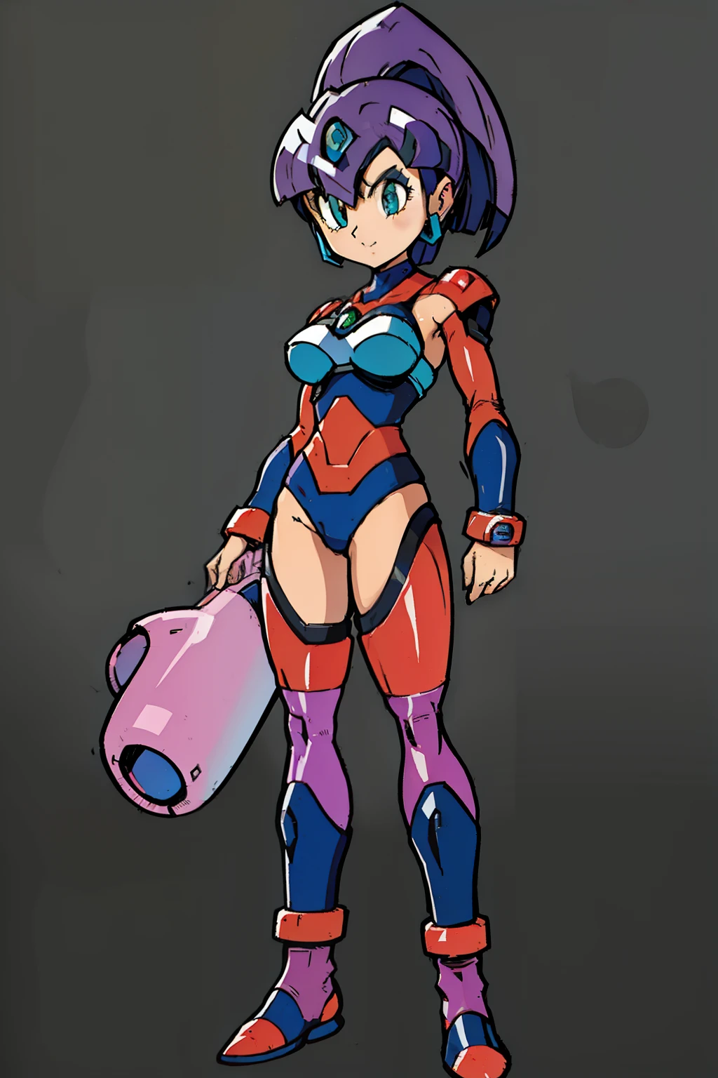 Layer (megaman x), mega man x (series), purple hair, bangs, green eyes, android, tan skin, large breasts, full body,