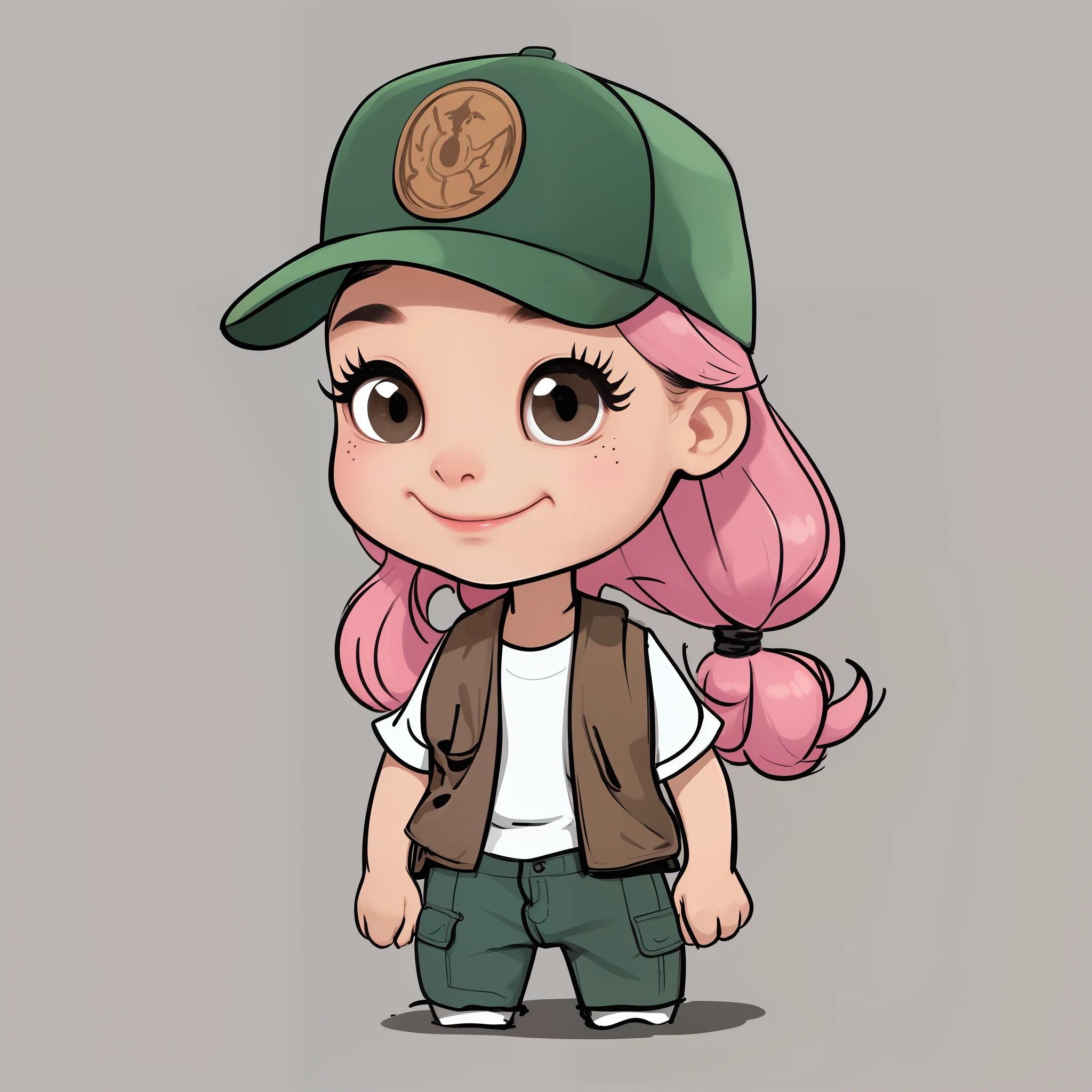 Mia is a girl who likes to explore and discover new things. She has pink hair with a bun, brown eyes, and has an attentive and very smiling look. Style, cartoon, cute art, black outline, high quality, highly detailed. White background.
She wears a dark green cap with an explorer emblem, a white shirt, a brown vest with pockets, jeans, green socks and black boots. She carries a blue backpack with a map, compass and binoculars. She open smiling.
Negative prompt: (deformed iris, deformed pupils, semi-realistic, cgi, 3d, render, sketch, in anime text, close-up, cropped, out of frame, worst quality, low quality, jpeg artifacts, ugly, duplicated, morbid , mutilated, extra fingers, mutant hands, poorly hand-drawn, evildrawnface, mutation, deformed, blurry, dehydrated, bad anatomy, bad proportions, extra limbs, cloned face, disfigured, gross proportions, malformed limbs, missing arms, missing legs, extra arms, extra legs, fused fingers, many fingers, distant neck .