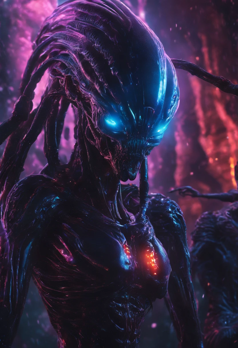 Fallen Angels of the Universe, glowing light eyes, biomechanical, eery, creepy, nightmarish, Very bright colors, light Particle, with light glowing, Musif, Wallpaper Art, UHD Wallpapers