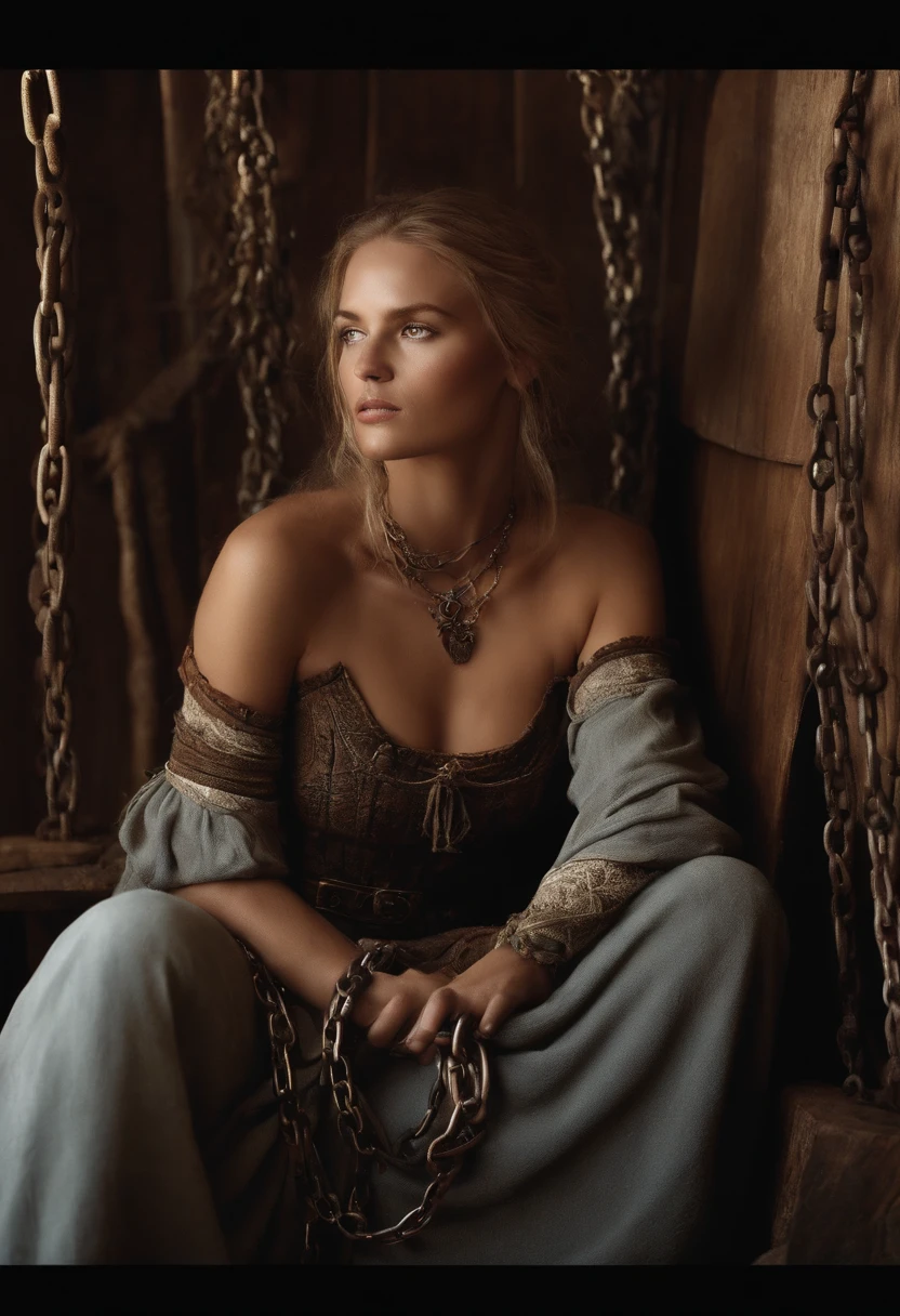 create for me an image of a woman who is a slave to a Viking, She's on his side and she's chained and wearing dirty, torn clothes in a Nordic village