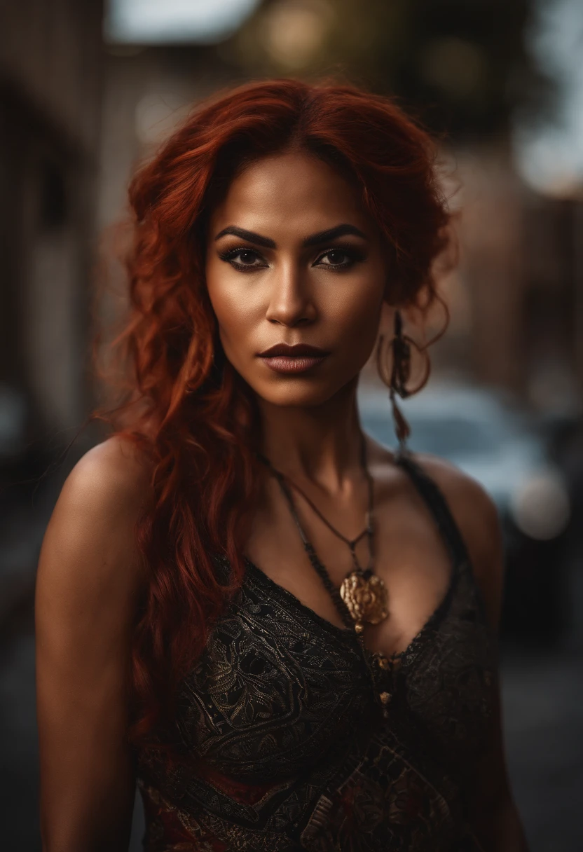 An urban goddess Latina with a caramel skin and vibrant red hair With tribal markings only on cheekbones, bottom lip and shoulder.