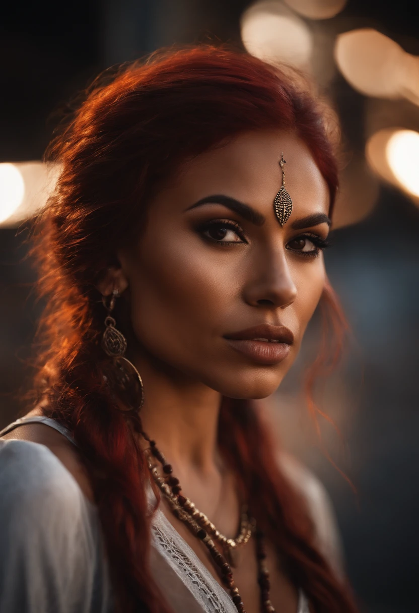 An urban goddess Latina with a caramel skin and vibrant red hair With tribal markings only on cheekbones, bottom lip and shoulder.