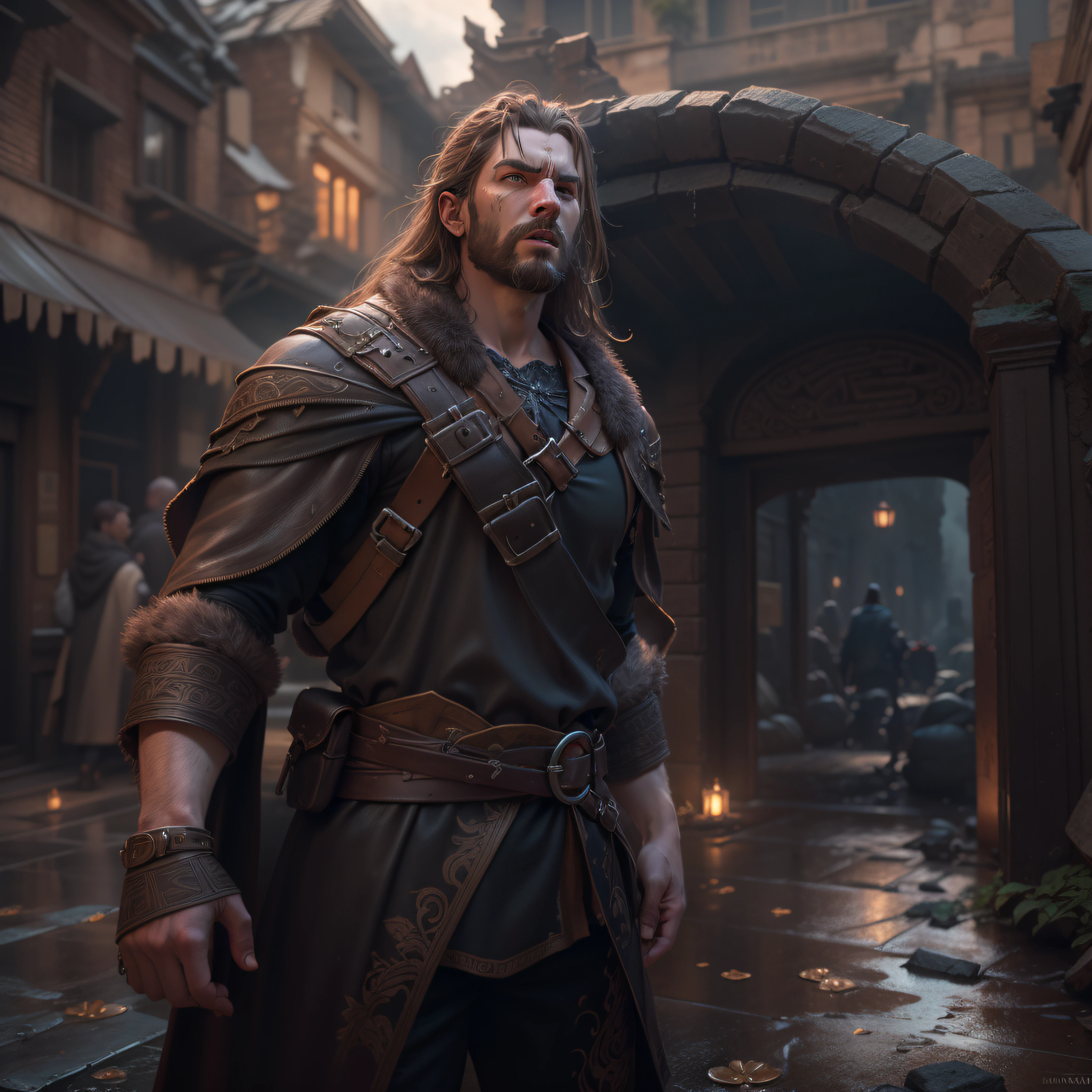 (professional 3d render:1.3) af (Realistic:1.3) most beautiful artwork photo in the world，Features soft and shiny male heroes, ((Epic hero fantasy muscle man rough wet hero angry look long hair short beard and ferocious expression in dynamic pose, Fantastic location, Majestic cluttered environment)), full body 8k unity render, action  shot, skin pore, very dark lighting, heavyshading, Detailed, Detailed face, (vibrant, photograph realistic, Realistic, Dramatic, Dark, Sharp focus, 8K), (Old leather garments damaged by weathering:1.4), ((((Wear fur)))), (Intricate:1.4), decadent, (Highly detailed:1.4), Digital painting, rendering by octane, art  stations, concept-art, smooth, Sharp focus, illustration, Art germ, (loish:0.23), wlop ilya kuvshinov, and greg rutkowski and alphonse mucha gracias, (Global illumination, Studio light, volumettic light), heavy rain, particles floating, lotr, fantasy, elf, full bodyesbian, ((Dark and ancient city background:1.3)),CGSesociety,art  stations