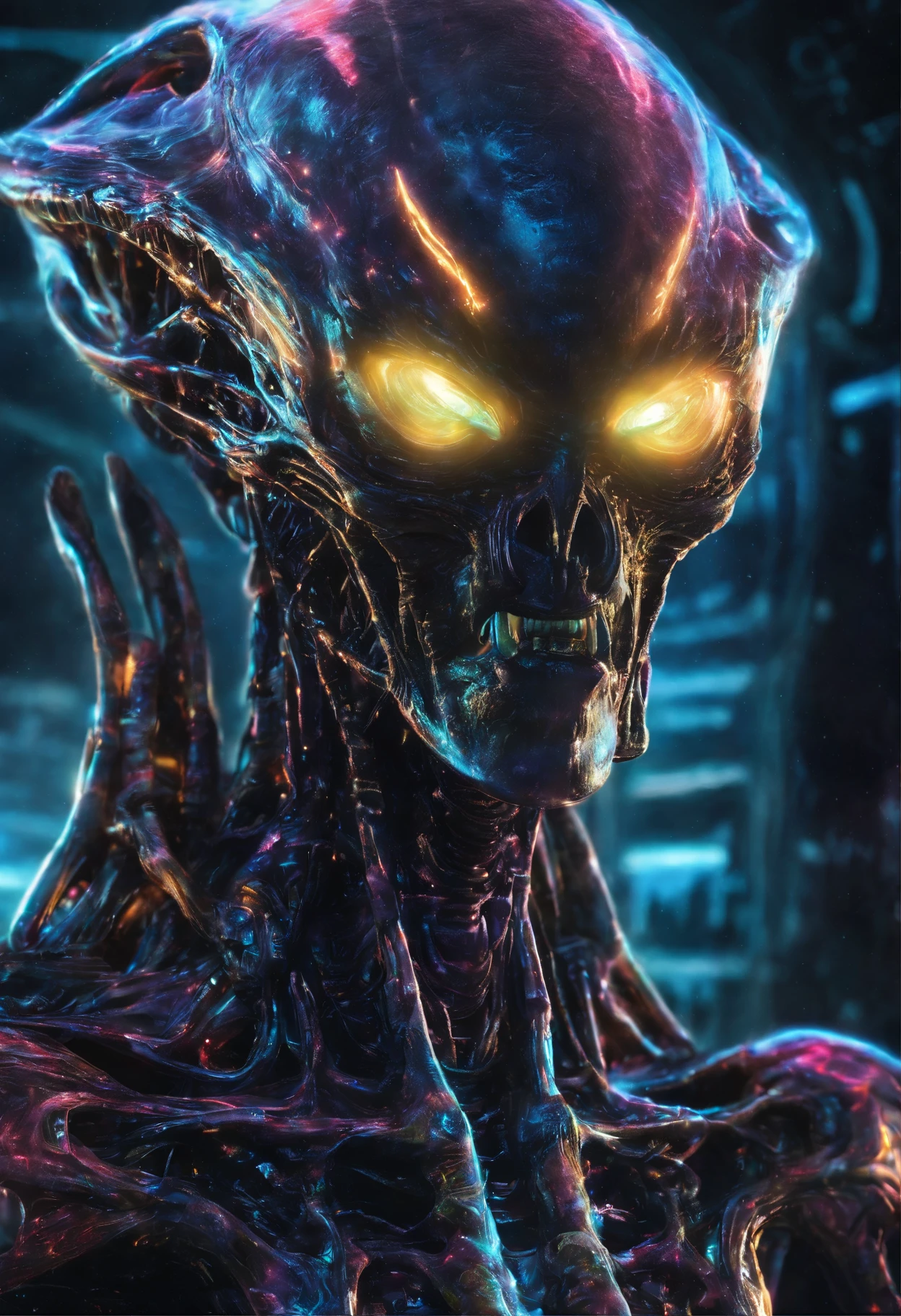 (Super-realistic, high-quality, intricate, stunning scene from an ultra-high-resolution movie), ((Close-up of a colorful, super-detailed alien)) (Defeats undead warriors on a busy festival site), (Cinematic lighting, masterpiece), (Colorful, super-realistic, high-quality, super-detailed, clear focus, 8K UHD, Super clear, An excellent scene from a fantastic movie)