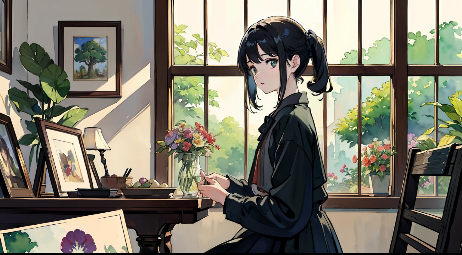 ((Watercolor by singer Sargent))、(top-quality、masterpiece)、1girl in、、A stunning、Short black hair、tiny chest、校服、long skirt、Botanical Garden、Flower Shop、The table、florals、window、houseplant、 The tree,