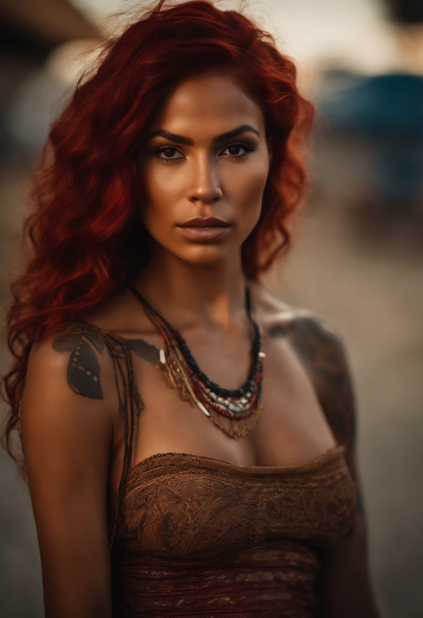 An urban goddess Latina with a caramel skin and vibrant red hair With tribal markings only on cheekbones, bottom lip and shoulder.