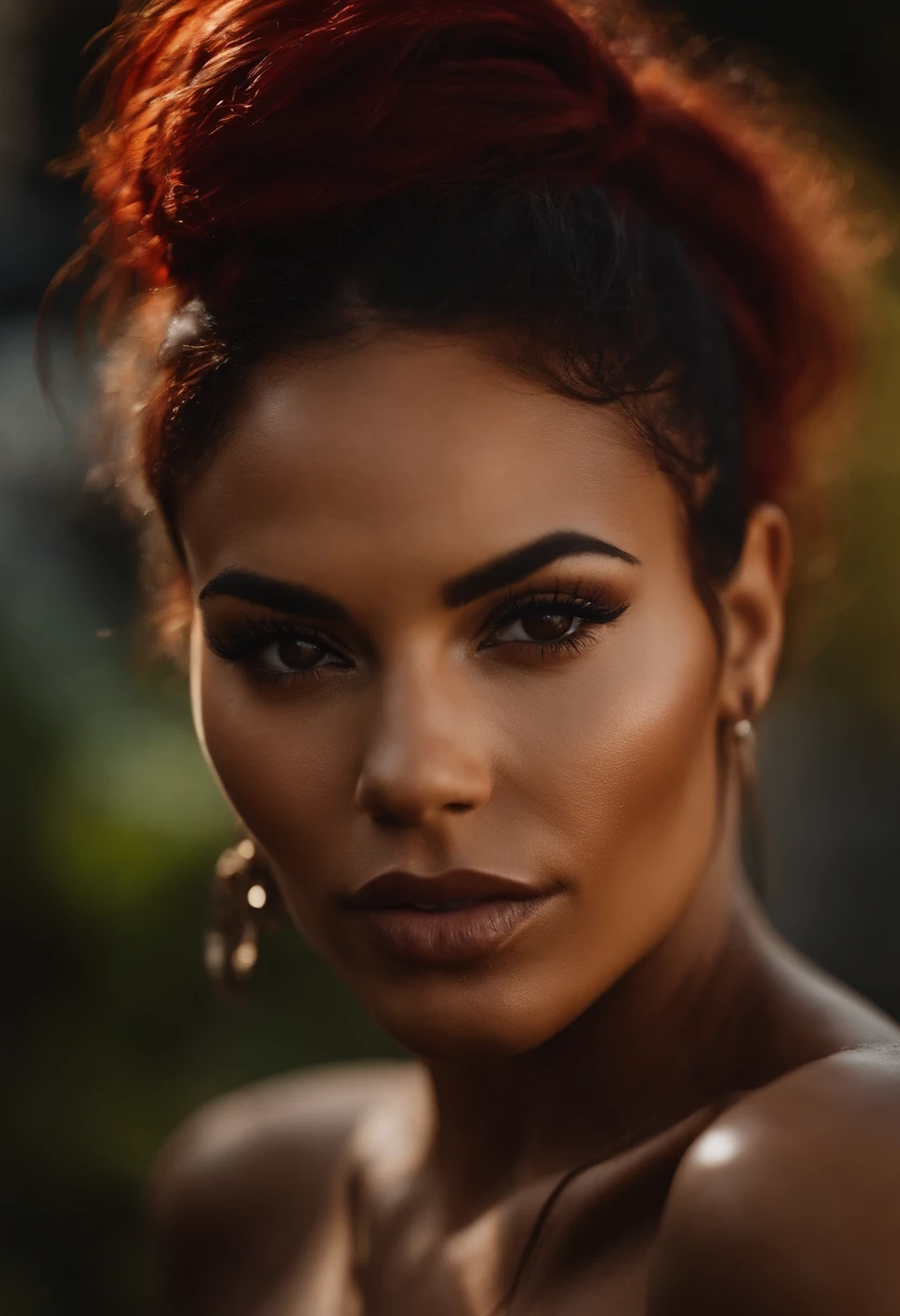 An urban goddess Latina with a caramel skin and vibrant red hair With tribal markings only on cheekbones, bottom lip and shoulder completely nude