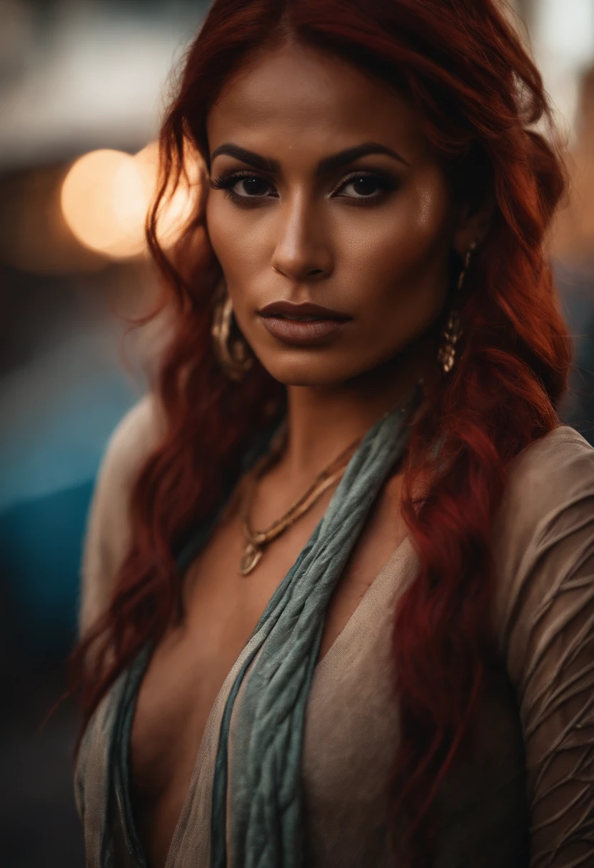 An urban goddess Latina with a caramel skin and vibrant red hair With tribal markings only on cheekbones, bottom lip and shoulder completely nude
