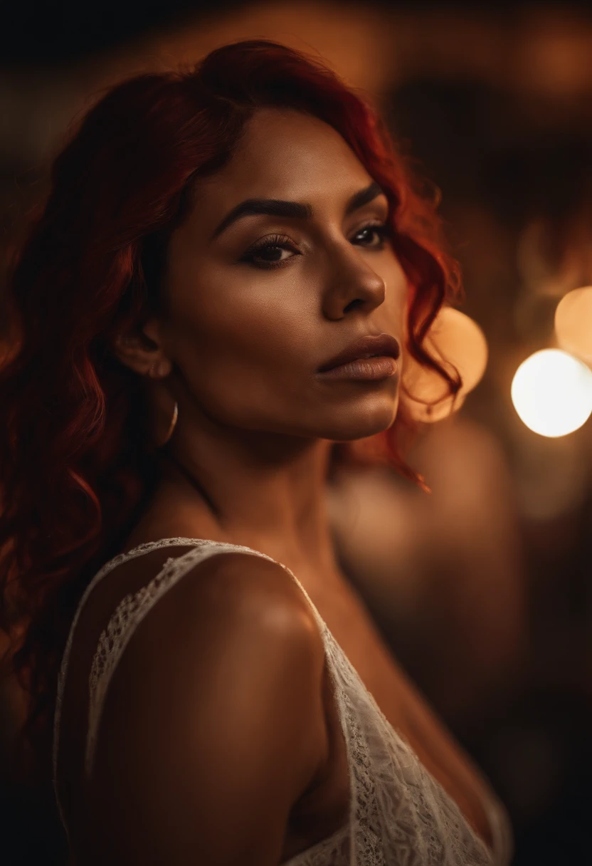 An urban goddess Latina with a caramel skin and vibrant red hair With tribal markings only on cheekbones, bottom lip and shoulder completely nude