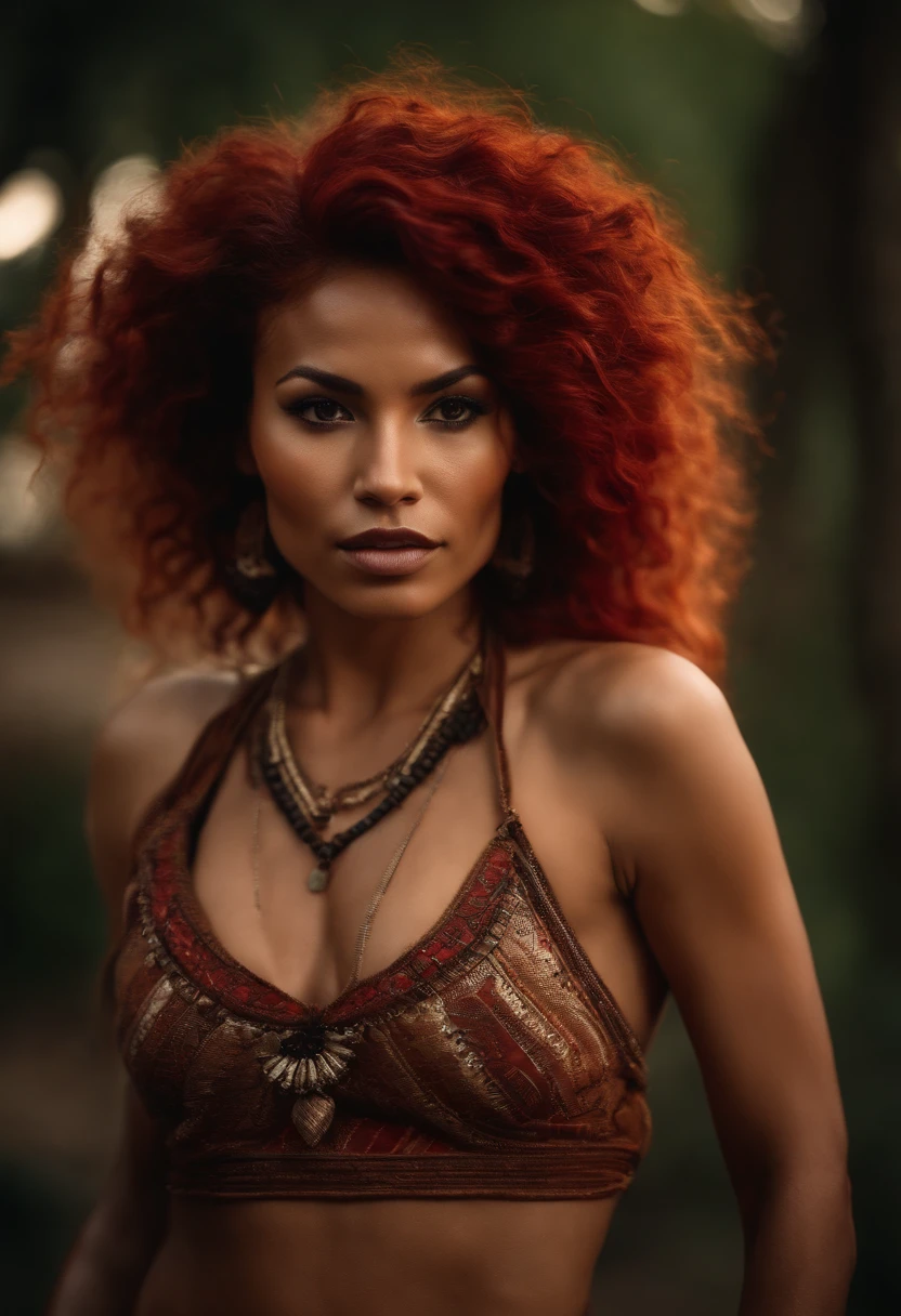 An urban goddess Latina with a caramel skin and vibrant red hair With tribal markings only on cheekbones, bottom lip and shoulder completely nude