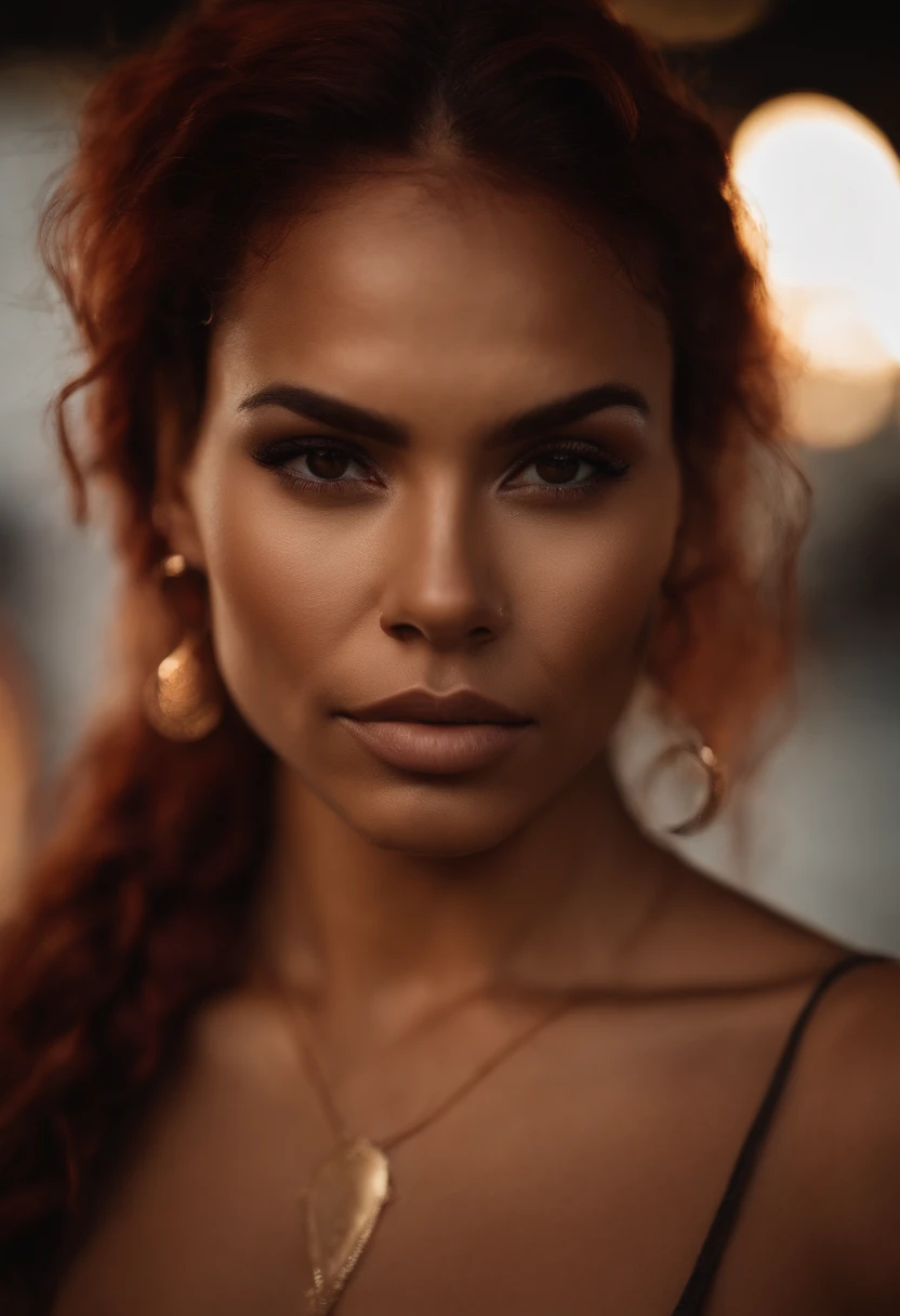 An urban goddess Latina with a caramel skin and vibrant red hair With tribal markings only on cheekbones, bottom lip and shoulder completely nude