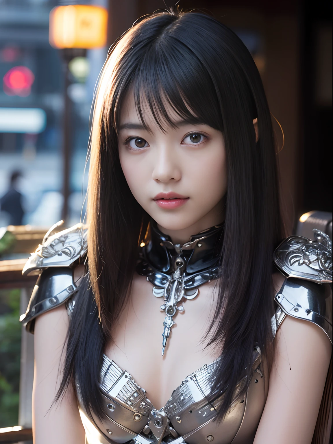 top-quality、​masterpiece、超A high resolution、(Photorealsitic:1.4)、Raw photo、女の子1人、Black hair、glowy skin、(((1 Mechanical Girl)))、((super realistic details))、portlate、globalillumination、Shadow、octan render、8K、ultrasharp、Colossal tits、Raw skin is exposed in cleavage、metals、Details of complex ornaments、Japan details、highly intricate detail、Realistic light、CGSoation Trends、Red eyes、radiant eyes、Facing the camera、neon details、(Mechanical limbs)、(blood vessels connected to tubes)、Mechanical vertebrae attached to the back、mechanical cervical attaching to neck、sitting on、(Wires and cables connecting to the head)、Gundam、Small LED lamp、Particles of light、