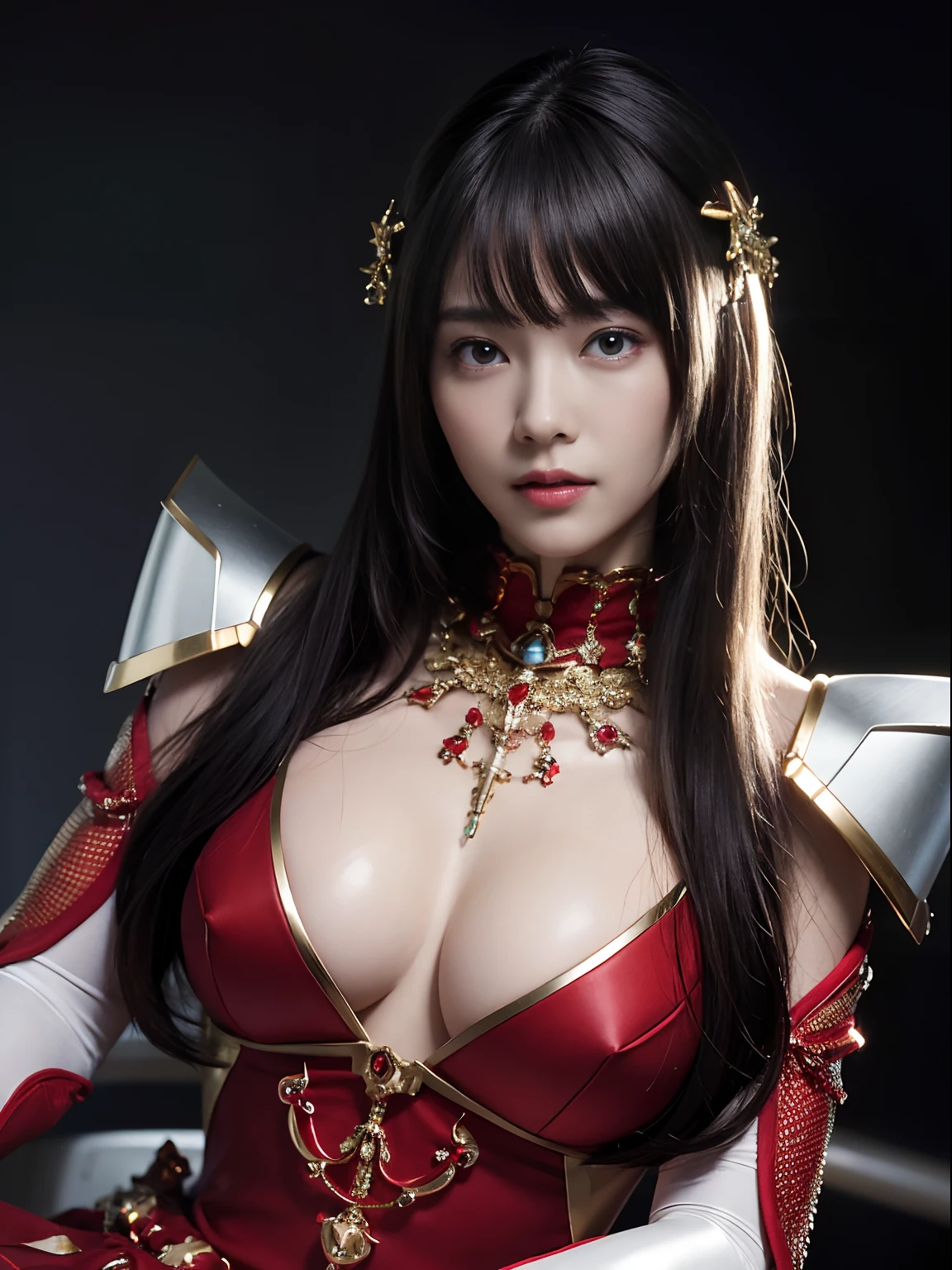 top-quality、masterpiece、超A high resolution、(Photorealsitic:1.4)、Raw photo、1人、Black hair、glowy skin、(((1 Mechanical Girl)))、((super realistic details))、portlate、globalillumination、Shadow、octan render、8K、ultrasharp、Colossal tits、Raw skin is exposed in cleavage、metals、Details of complex ornaments、Japan details、highly intricate detail、Realistic light、CGSoation Trends、Red eyes、radiant eyes、Facing the camera、neon details、(Mechanical limbs)、(blood vessels connected to tubes)、Mechanical vertebrae attached to the back、mechanical cervical attaching to neck、sitting on、(Wires and cables connecting to the head)、Gundam、Small LED lamp、Particles of light、