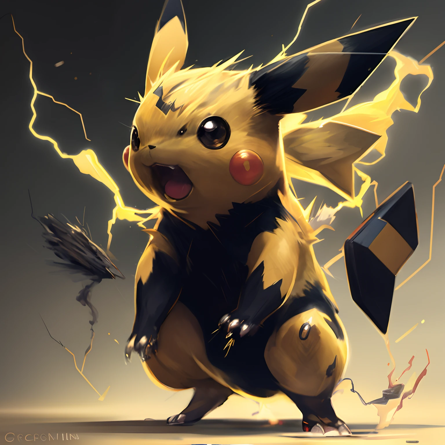 (best quality,ultra-detailed),Pikachu,thunderbolts,electric sparks,bright light,energetic,detailed features,playful expression,colorful,anime style,crackling lightning,shining eyes,cute,fluffy fur,happy disposition,cheeks sparked,lightning bolts surrounded,charging up,electric powers,striking pose,surrounded by storm clouds,glowing tail,electric energy radiating,electricity crackling through the air,excitement and power,striking yellow color,electric shocks,Pikachu's signature move,thunderbolt attack,speed and agility,sparkling personality,distinctive zigzag tail,electric-type Pokemon,charismatic and charming,ready for battle,jumping in the air,mid-air acrobatics,electrifying presence.