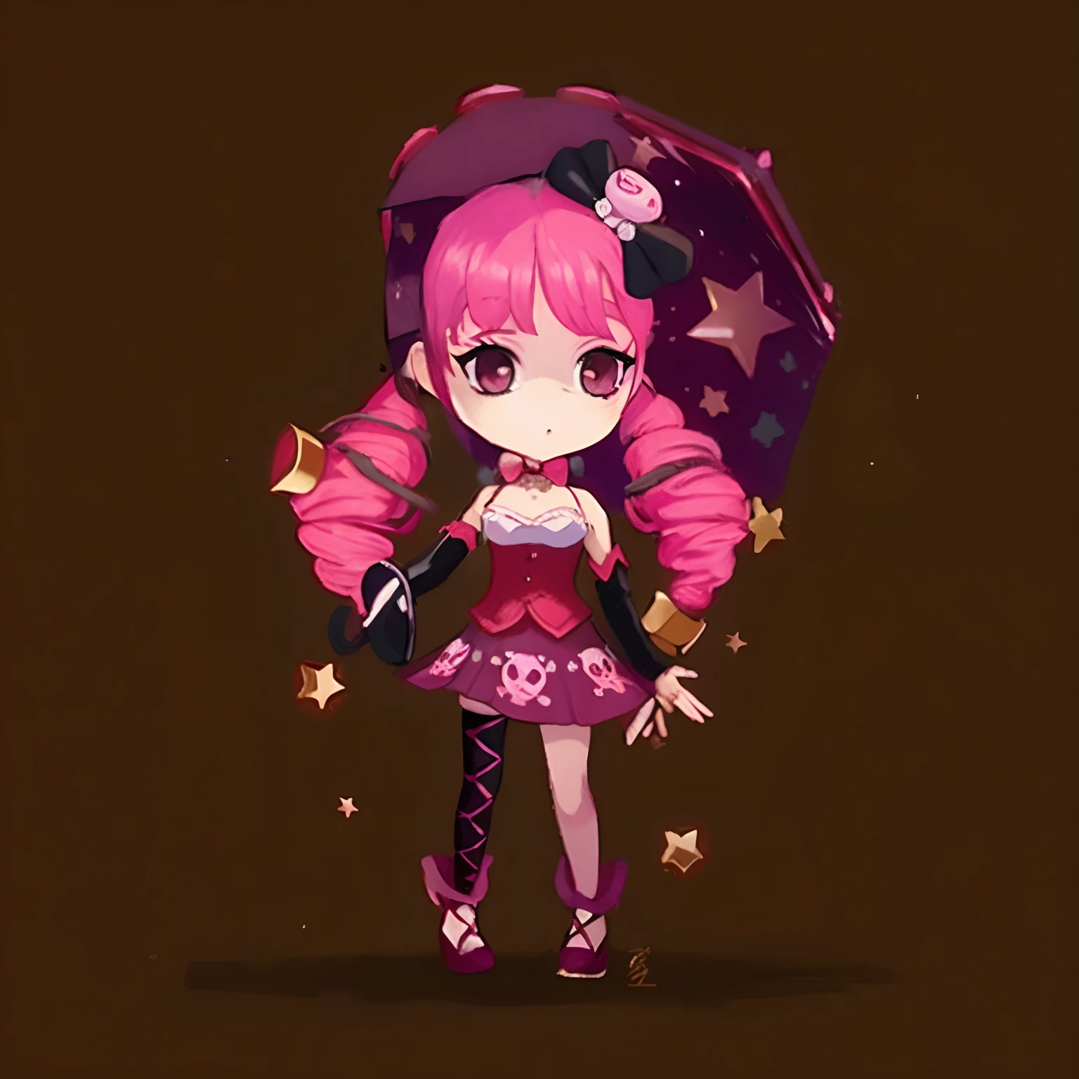 Chica anime con cabello rosa y un paraguas rosa, fancy suit, Piel fucsia debajo de la armadura, Anime estilizado, Personaje lindo, Ropa de bruja astral, Anime estilizado, mantener 100% Original clothing design