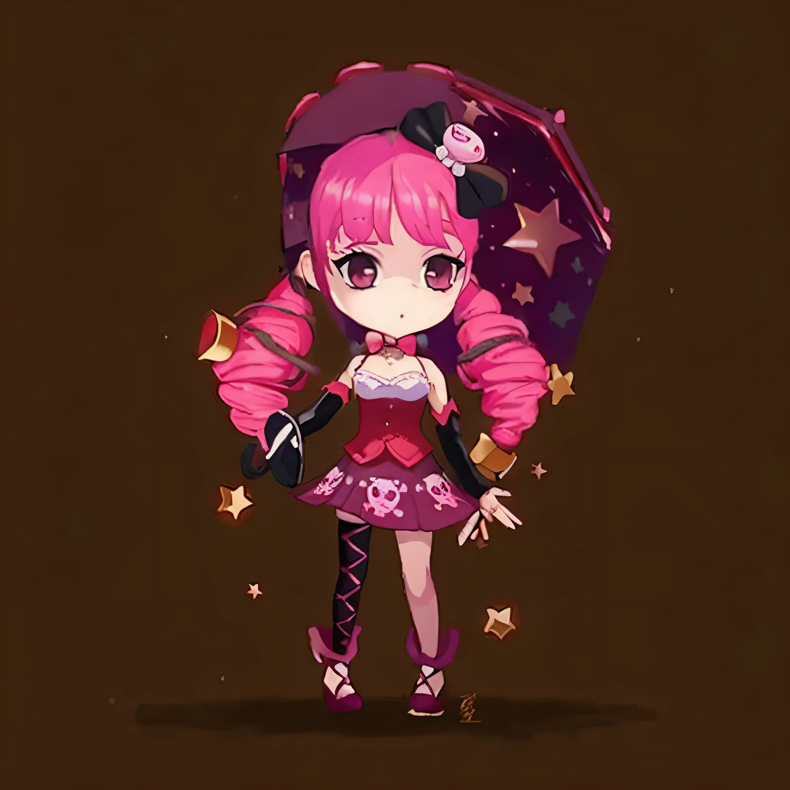 Chica anime con cabello rosa y un paraguas rosa, fancy suit, Piel fucsia debajo de la armadura, Anime estilizado, Personaje lindo, Ropa de bruja astral, Anime estilizado, mantener 100% Original clothing design