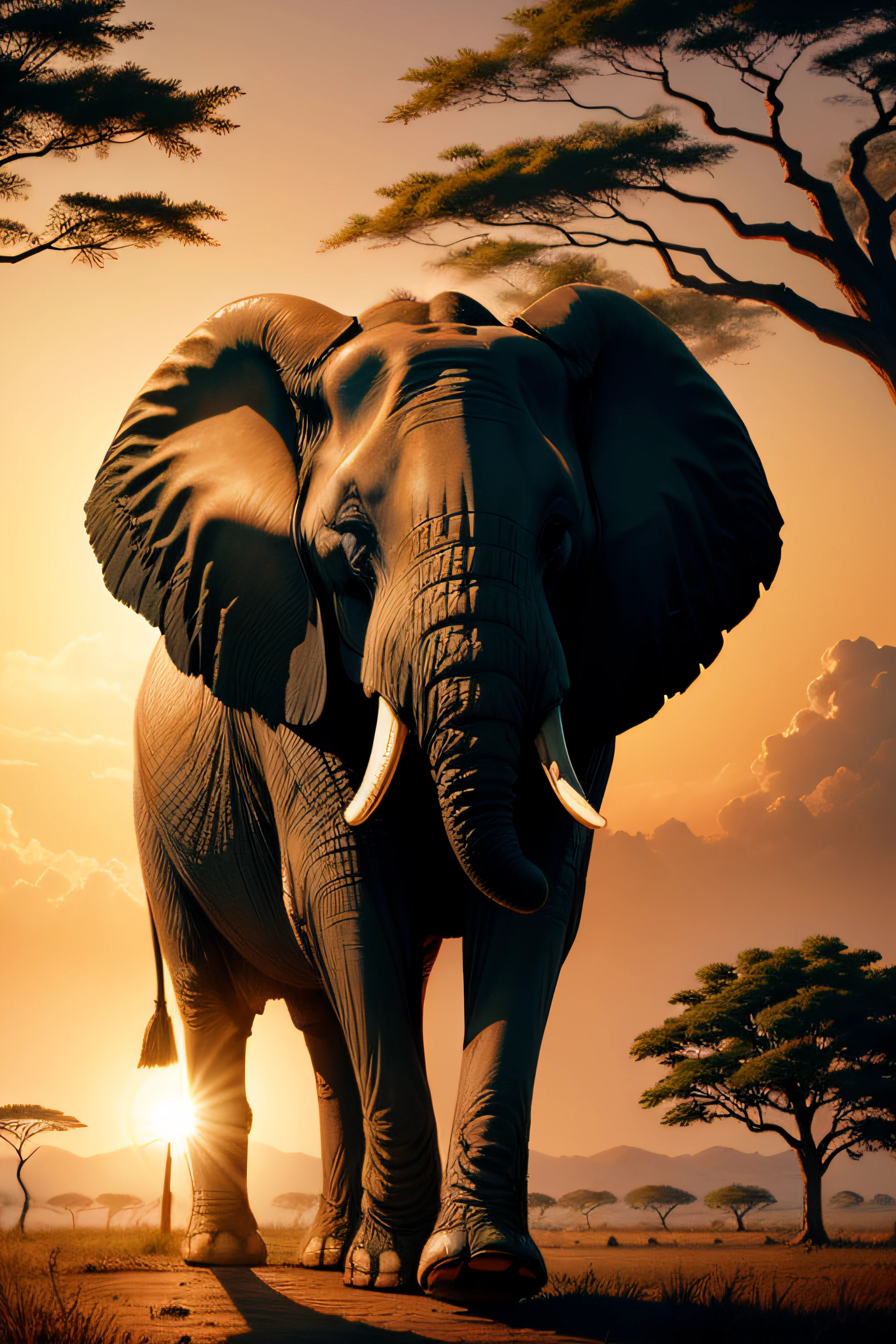 elephant in African savana hot weather, strong, backlight, tall trees