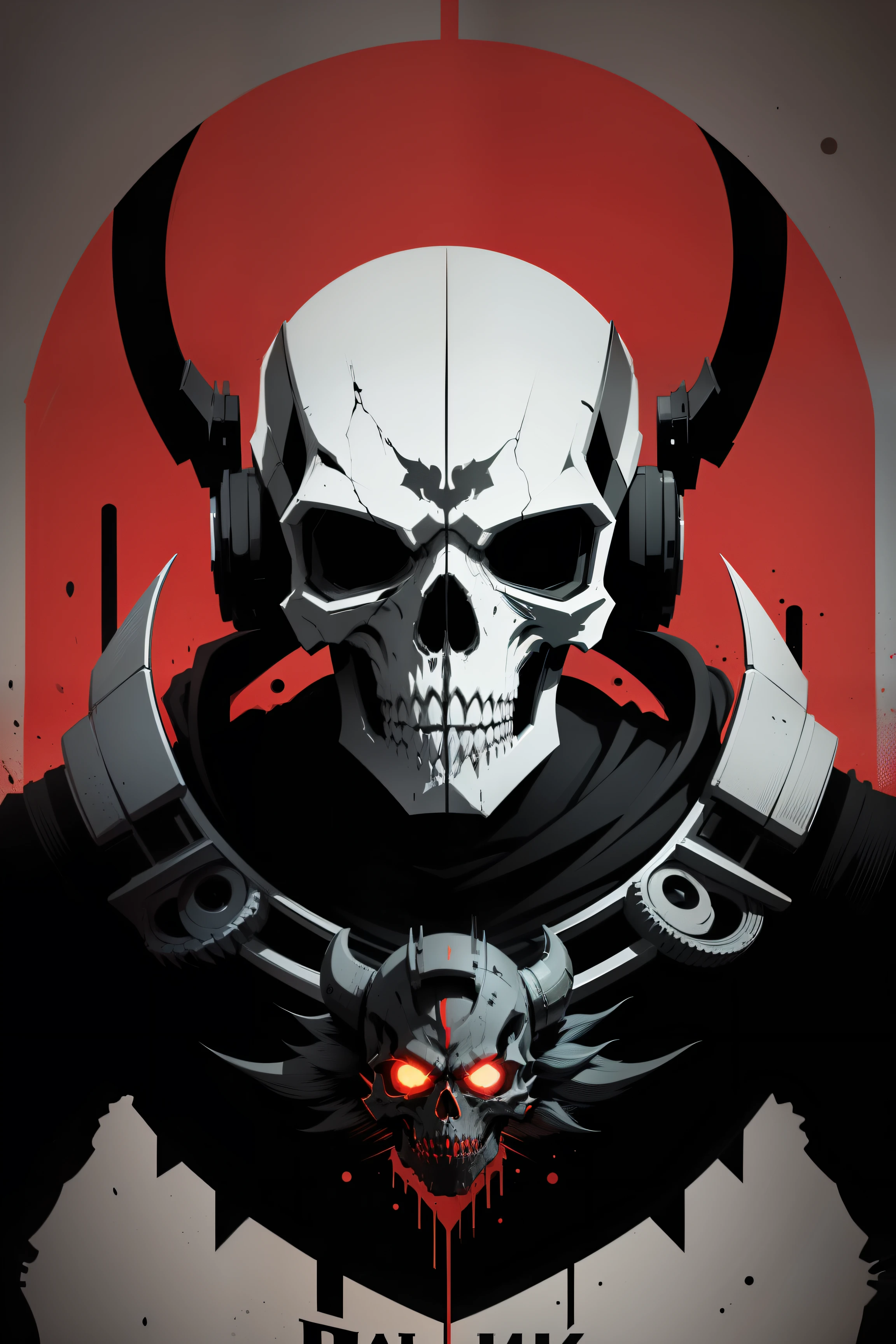 Scary monster skul robot , skull artwork, graphic design poster, logo, duotone, vectorial，Red dominant color，black color scheme，white backgrounid，Symmetrical patte