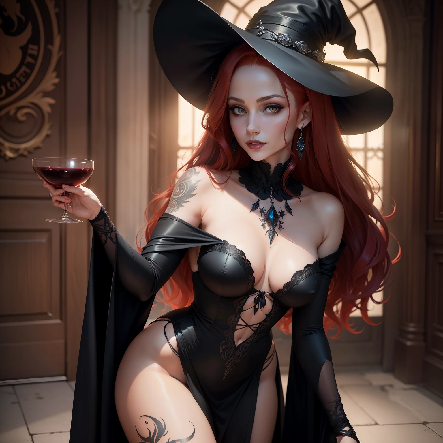 A beautiful woman, a witch, goth, going to a fancy gala, wears a small hat, a beautiful backless dress, has long flowing red hair, high heels, jewelry, tattoos, small grin, pretty Irish face, masterpiece, perfect anatomy, perfect face, curvy body, setting: exquisite paranormal party, flirting