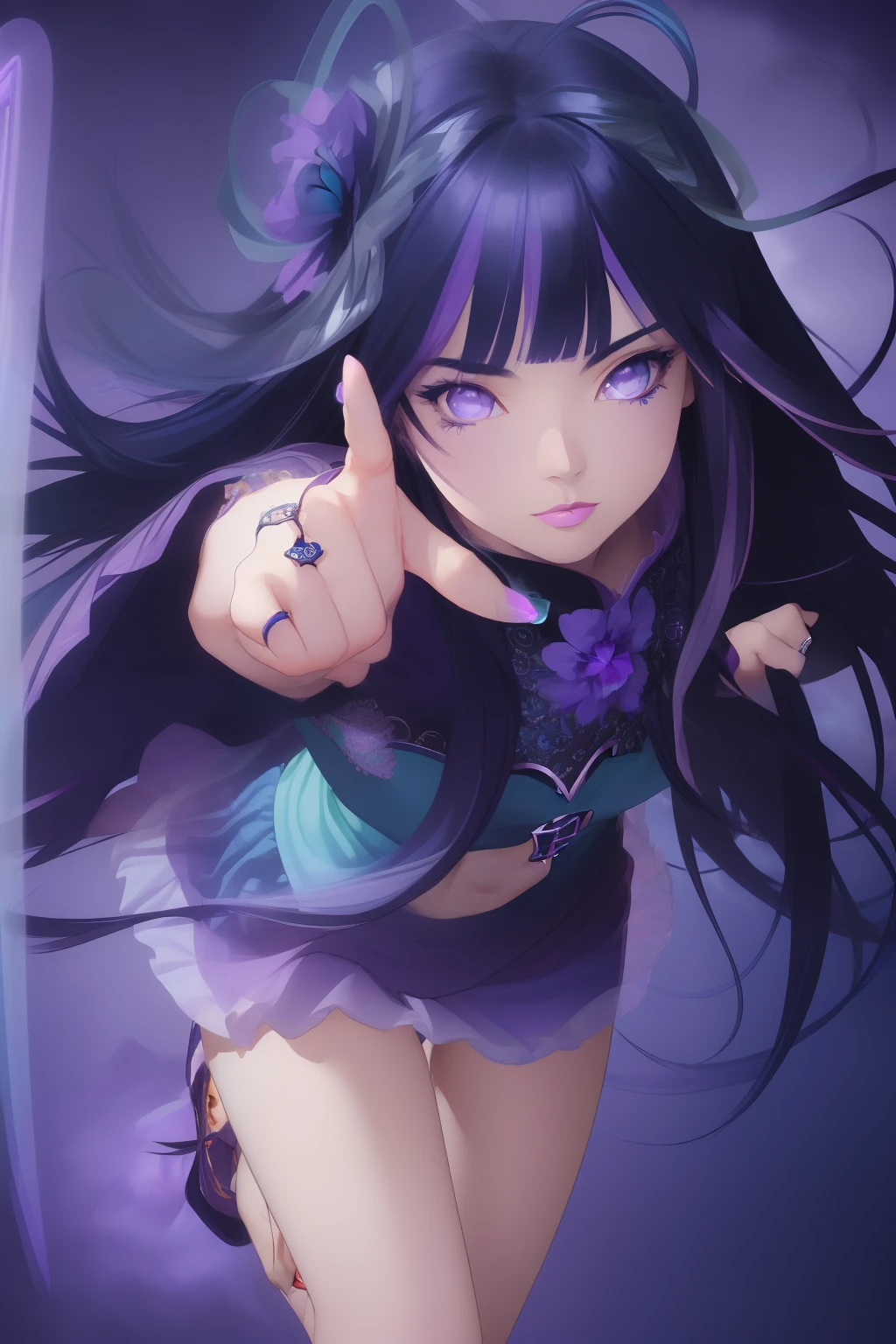(masterpiece:1.4), (best quality:1.4), (very cute angel girl, ultra-detailed face, jewel-like eye, dark blue very long hair:1.4), (colorful gradation hair:2.0), (ring of angels:1.4), (dynamic pose:1.4), (dynamic angle:1.4),
BREAK,
(detailed background:1.4), ultra-detailed background, (purple Light Effects:1.4), (floating light blue cloud:1.4), (floating blue flower:1.4),
BREAK,
(perfect anatomy, perfect hand:1.4), (perfect five fingers:1.4), (perfect four long fingers and perfect short thumb:1.4), (thumb shorter than other four fingers:1.4), (perfect two arms:1.4), (perfect two legs:1.4),Blunt Bangs, purple eyes
