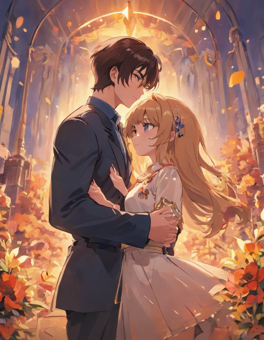Draw a pair of man and woman. man dark hair short hairstyle, muscled body, Dressed in a police uniform, Woman with bangs and blue eyes, Dressed in a white dress hugging a man, with a bouquet of color. weather autumn landscape warmth color, The atmosphere of love