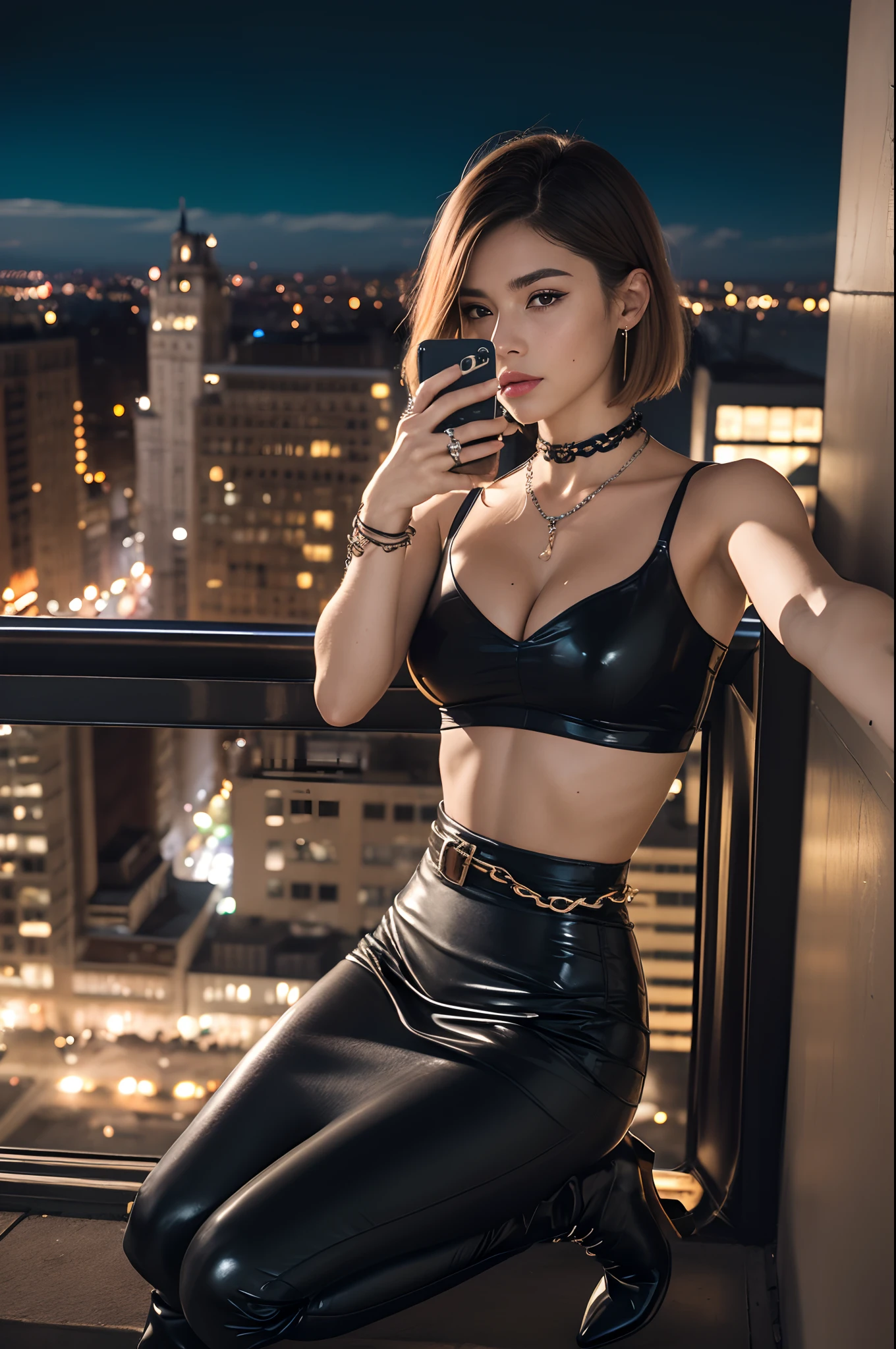 (((View of a selfie photo from the camera))), super-wide-angle lens, Faded colors, highly detailed skin, skin imperfections, freckles, Moles, Film grain, Fujifilm Polaroid Kodak, soft natural lighting, Desaturated color correction, soft focus, body complet, (Sharp glamorous sexy woman), (European:2), (tetas grandes:1.2), Crop tops made of transparent lace lace, Latex pencil skirts, High-heeled booties, Chain belts with spikes, Dirty pixie haircut, Brightly colored stripes, (((Jewelry))), Sitting on the roof of a building, large view of New York's Central Park, (((night time)))