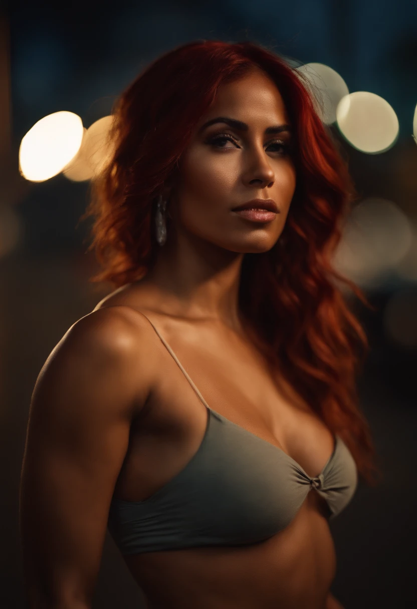 An urban goddess Latina with a caramel skin and vibrant red hair topless