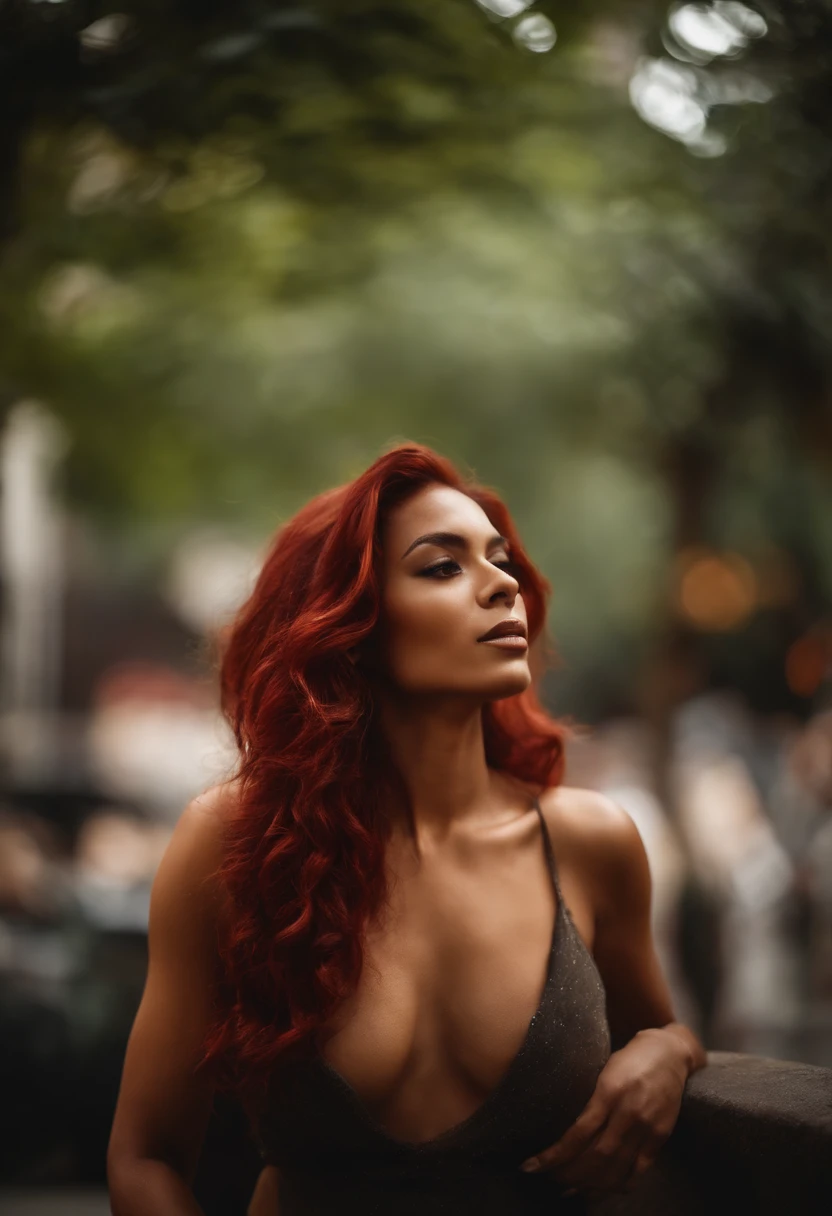An urban goddess Latina with a caramel skin and vibrant red hair topless