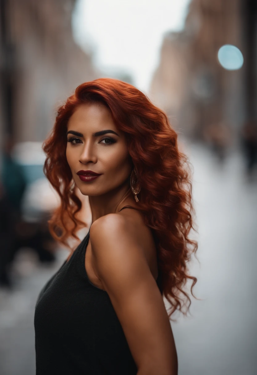 An urban goddess Latina with a caramel skin and vibrant red hair topless