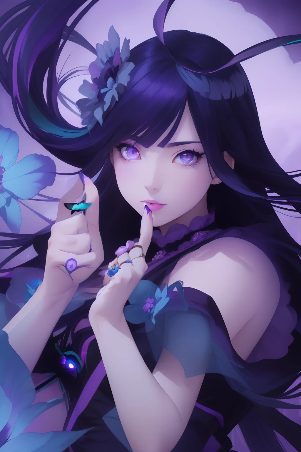 (masterpiece:1.4), (best quality:1.4), (very cute angel girl, ultra-detailed face, jewel-like eye, dark blue very long hair:1.4), (colorful gradation hair:2.0), (ring of angels:1.4), (dynamic pose:1.4), (dynamic angle:1.4),
BREAK,
(detailed background:1.4), ultra-detailed background, (purple Light Effects:1.4), (floating light blue cloud:1.4), (floating blue flower:1.4),
BREAK,
(perfect anatomy, perfect hand:1.4), (perfect five fingers:1.4), (perfect four long fingers and perfect short thumb:1.4), (thumb shorter than other four fingers:1.4), (perfect two arms:1.4), (perfect two legs:1.4),Blunt Bangs, purple eyes