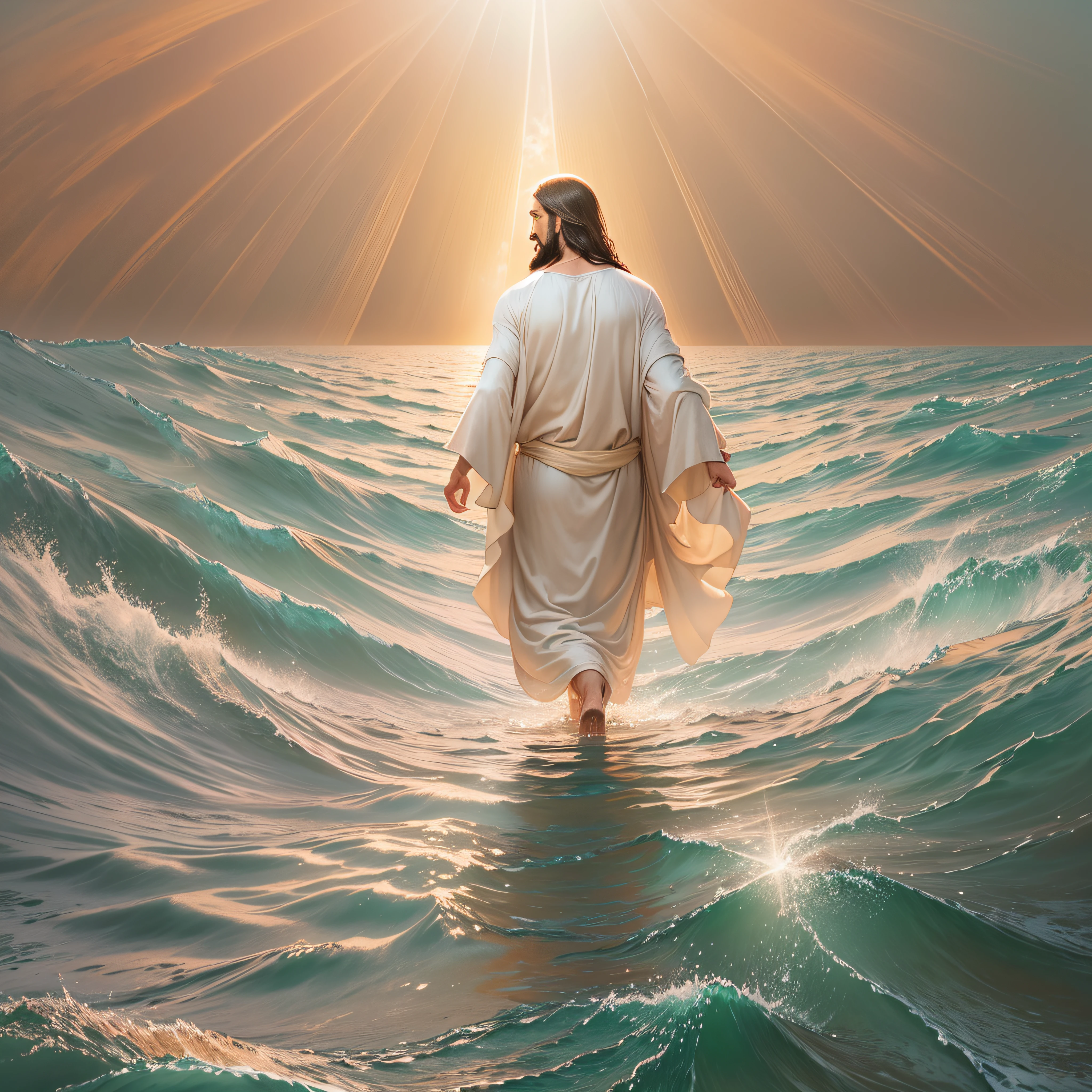 "An image of Jesus walking on water, radiating divine serenity and protection."