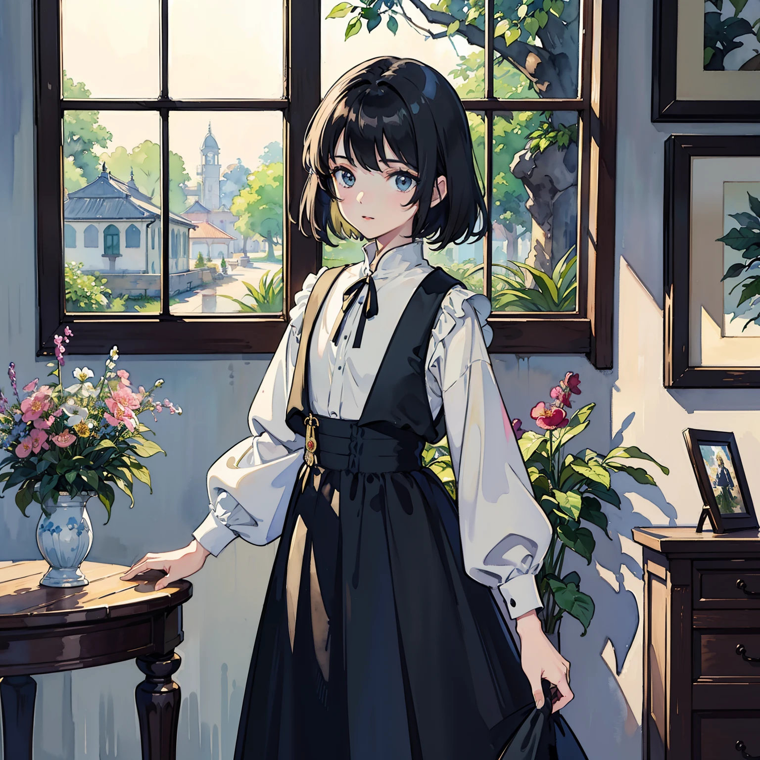 ((Watercolor by singer Sargent))、(top-quality、masterpiece)、1girl in、、A stunning、Short black hair、tiny chest、校服、long skirt、Botanical Garden、Flower Shop、The table、florals、window、houseplant、 The tree,