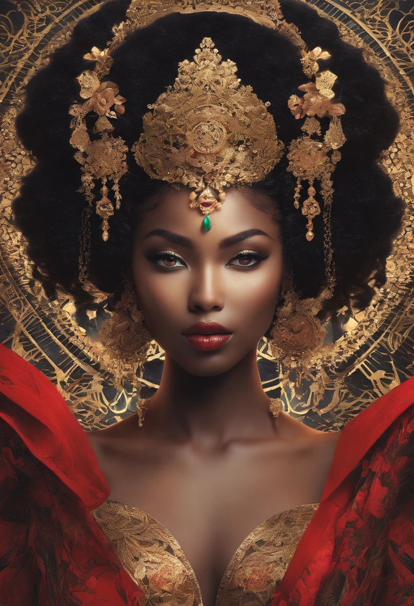(best quality,4k,8k,highres,masterpiece:1.2),ultra-detailed,(realistic,photorealistic,photo-realistic:1.37),dark skin+demon queen, full-figured, curvaceous body, mesmerizing eyes, seductive lips, alluring gaze, flowing dark hair, intricately detailed skin texture, powerful presence, regal posture, adorned in elegant black attire, beautifully pronounced cheekbones, enchanting smile, stunningly vibrant makeup, gracefully arched eyebrows, captivating expression, majestic aura, captivating eyes that radiate confidence and mystery, supernatural elements subtly incorporated, exuding an air of authority, background adorned with dark hues and intricate patterns, dramatic lighting enhancing her ethereal beauty, intense yet alluring gaze, confident and empowered, surrounded by an aura of darkness, commanding respect with her presence, a symbol of power and strength.