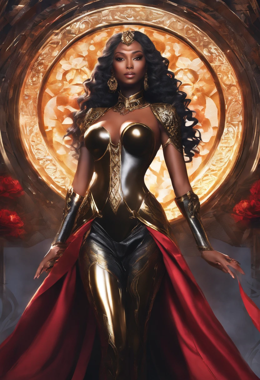 (best quality,4k,8k,highres,masterpiece:1.2),ultra-detailed,(realistic,photorealistic,photo-realistic:1.37),dark skin+demon queen, full-figured, curvaceous body, mesmerizing eyes, seductive lips, alluring gaze, flowing dark hair, intricately detailed skin texture, powerful presence, regal posture, adorned in elegant black attire, beautifully pronounced cheekbones, enchanting smile, stunningly vibrant makeup, gracefully arched eyebrows, captivating expression, majestic aura, captivating eyes that radiate confidence and mystery, supernatural elements subtly incorporated, exuding an air of authority, background adorned with dark hues and intricate patterns, dramatic lighting enhancing her ethereal beauty, intense yet alluring gaze, confident and empowered, surrounded by an aura of darkness, commanding respect with her presence, a symbol of power and strength.