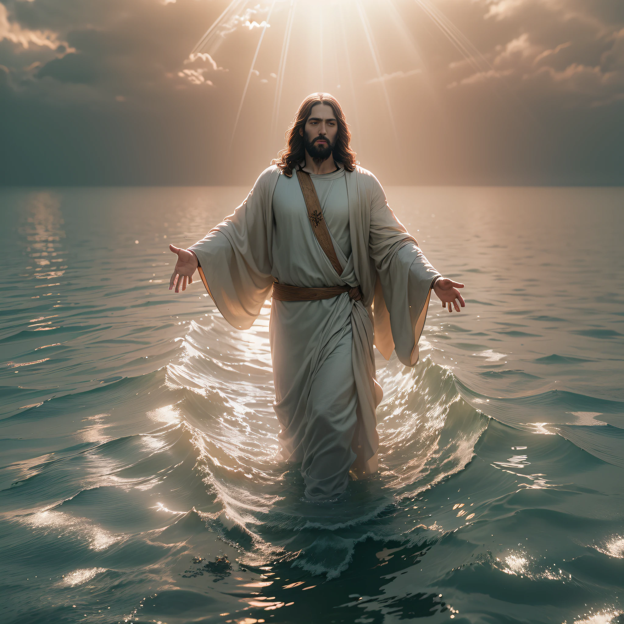 "An image of Jesus walking on water, radiating divine serenity and protection." photo-realistic, octane render, unreal engine, ultra-realistic,