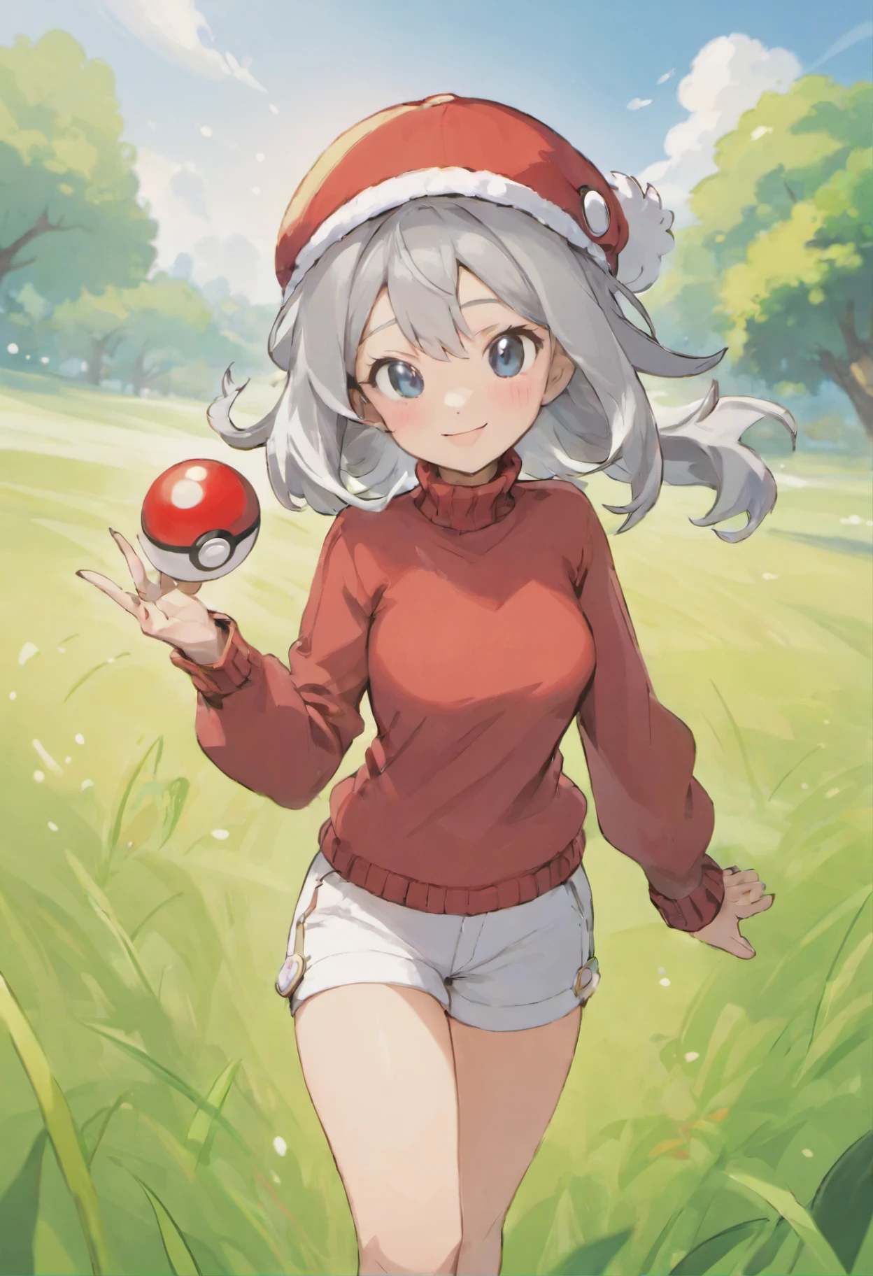 Hi-Res, 1womanl, 独奏,Holding a Poké Ball in Your Hands, grey eyes, white hair, Red Cap Hat, Red knitted turtleneck with long sleeves, White shorts, a belt, Grassy, deph of field, The best smile, Have a Poké Ball, put hands on the hip