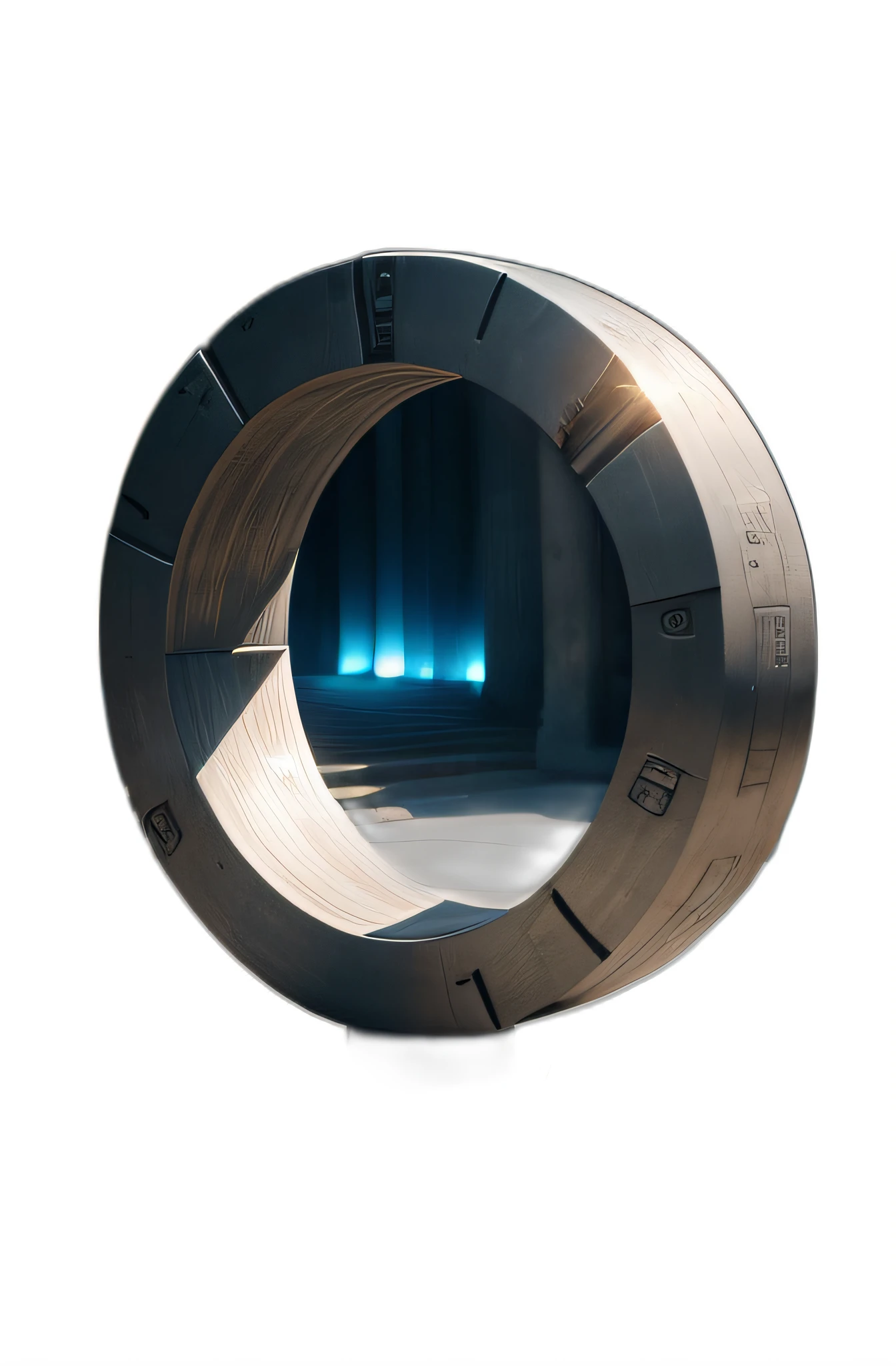crie uma imagem em formato circular, arrojado, futurista, Using materials such as stone and carbon steel as texture, metal escuro, with inscriptions in a fictional alphabet, como um portal interestelar, three-dimensional located in the center and having as background the cosmic space