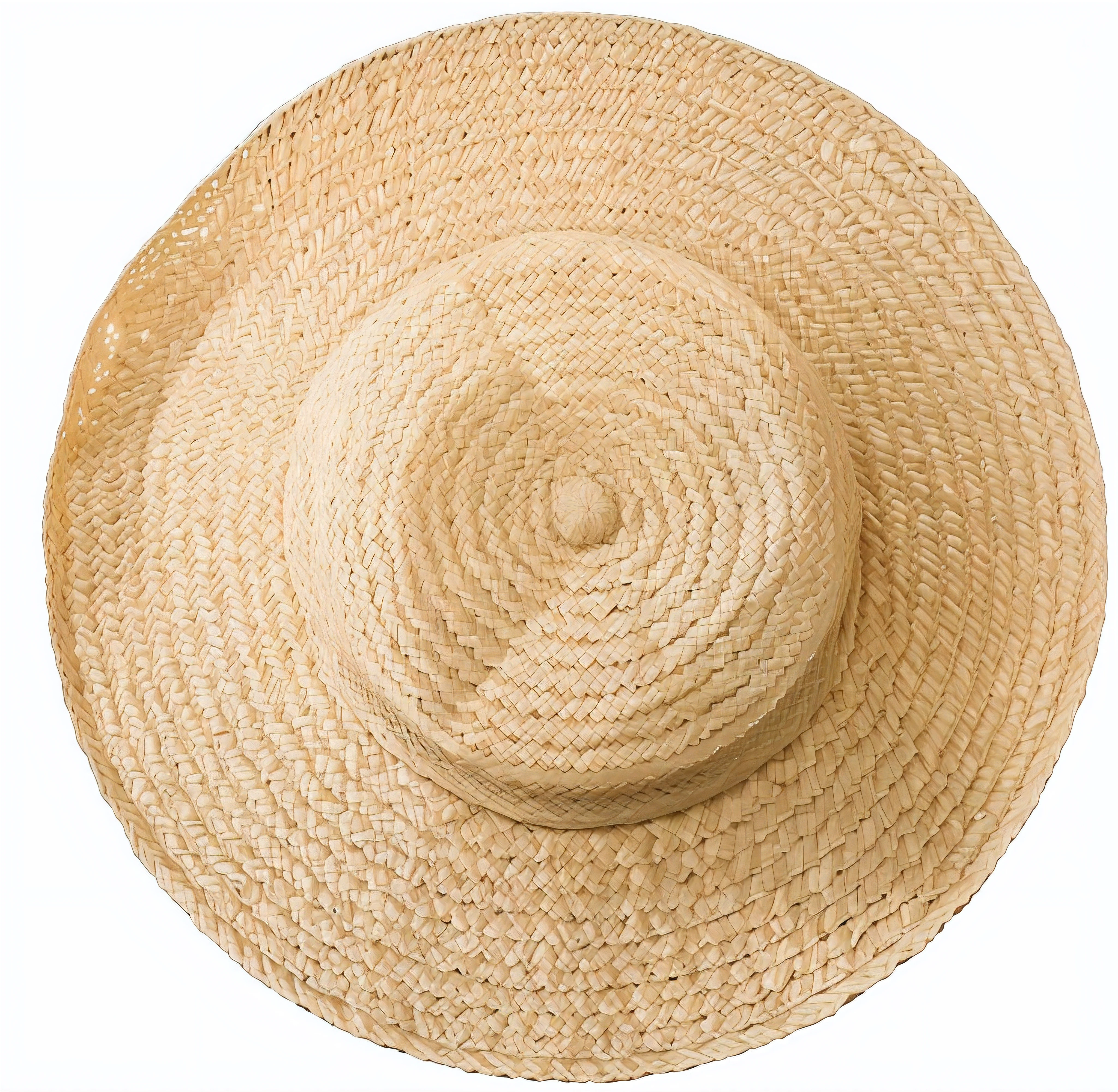 a closeup of a straw hat on a white background, straw hat, kalap, wearing straw hat, wearing huge straw hat, with straw hat, palha, h 768, h 7 6 8, wearing wide sunhat, small hat, h 1088, h 576, Vista de cima para baixo, Top-down view