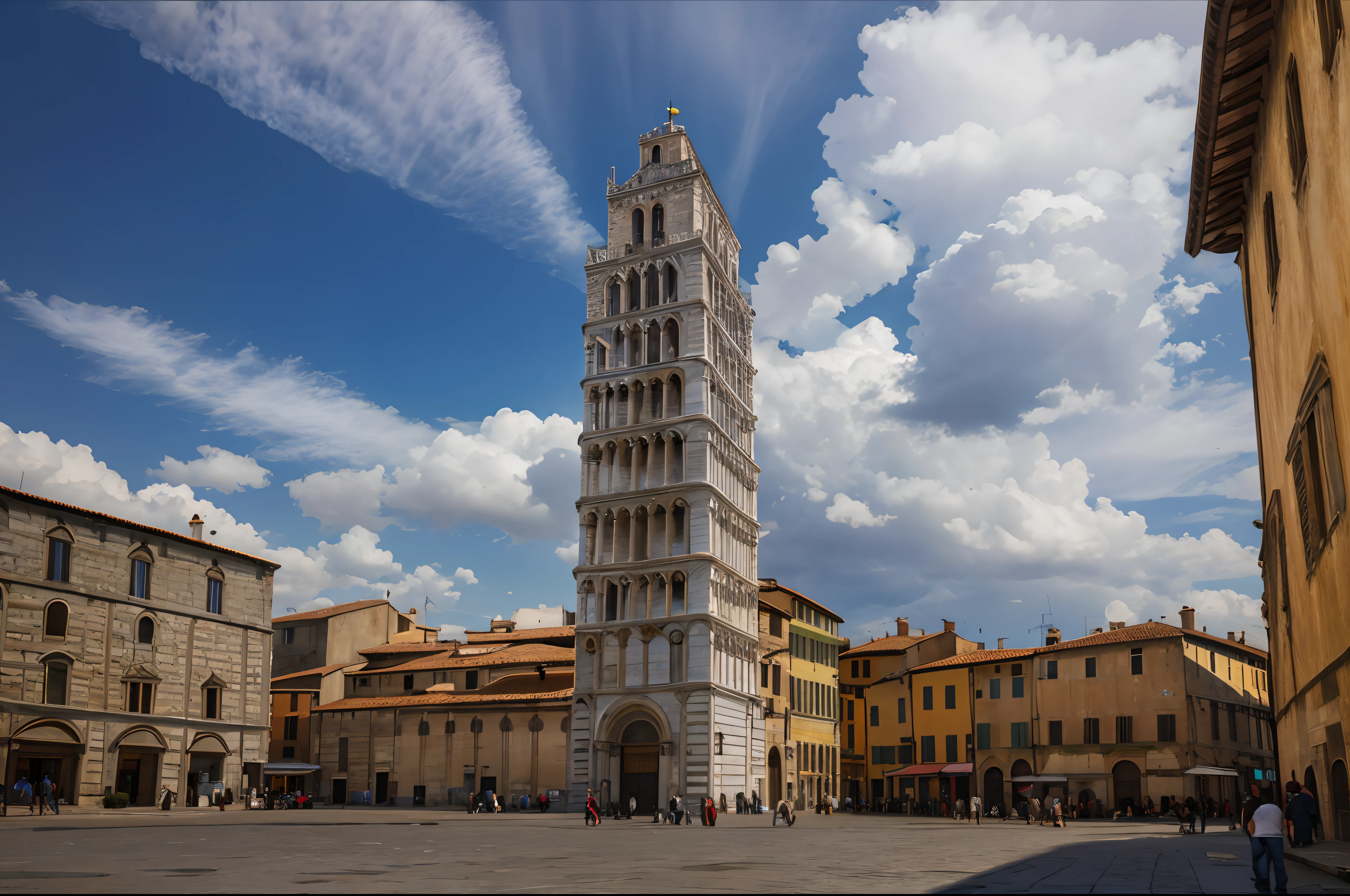 A photography of a square in Pisa with the leaning tower, hyperrealistic, dramatic sky