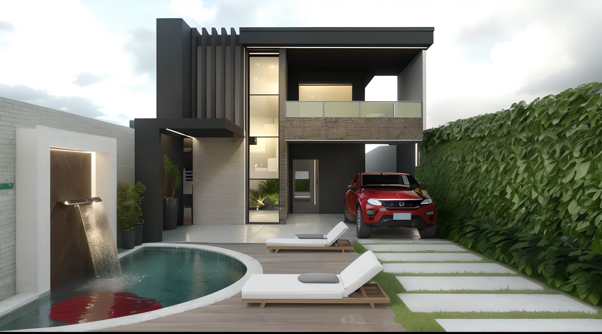 There is a car parked in the garage of a modern house, Casa Conceito, design exterior, conceito realista, lumion rendering, projeto residencial, casa contemporanea, 3D-rendering, 3D rendering, lumion rendering, casa moderna, neotradicional moderno, arquitetura realista, Villa Interdimensional, renderizar 3 d, overall architectural design, realism rendering, architectural render, architectural visualisation