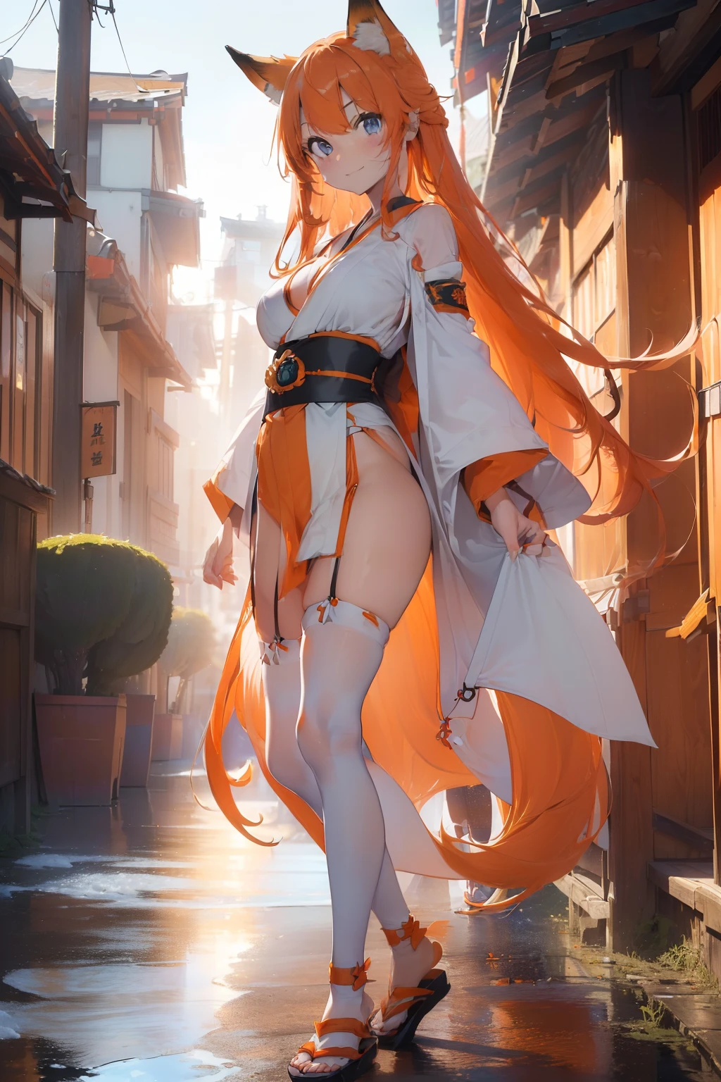 ((((absurdres, high res, ultrasharp, 8K, masterpiece)))), 1girl, cute, sexy, seductive, (18 years old), tall, (((very long orange hair))), ((sidelocks)), (((perfect face))), ((blue eyes)), (loose hair), (fox ears), (((fox tail))), (smiling), (blushing), big breasts, (((white and orange kimono))), ((tall japanese sandals)), (((white stockings))), japanese temple