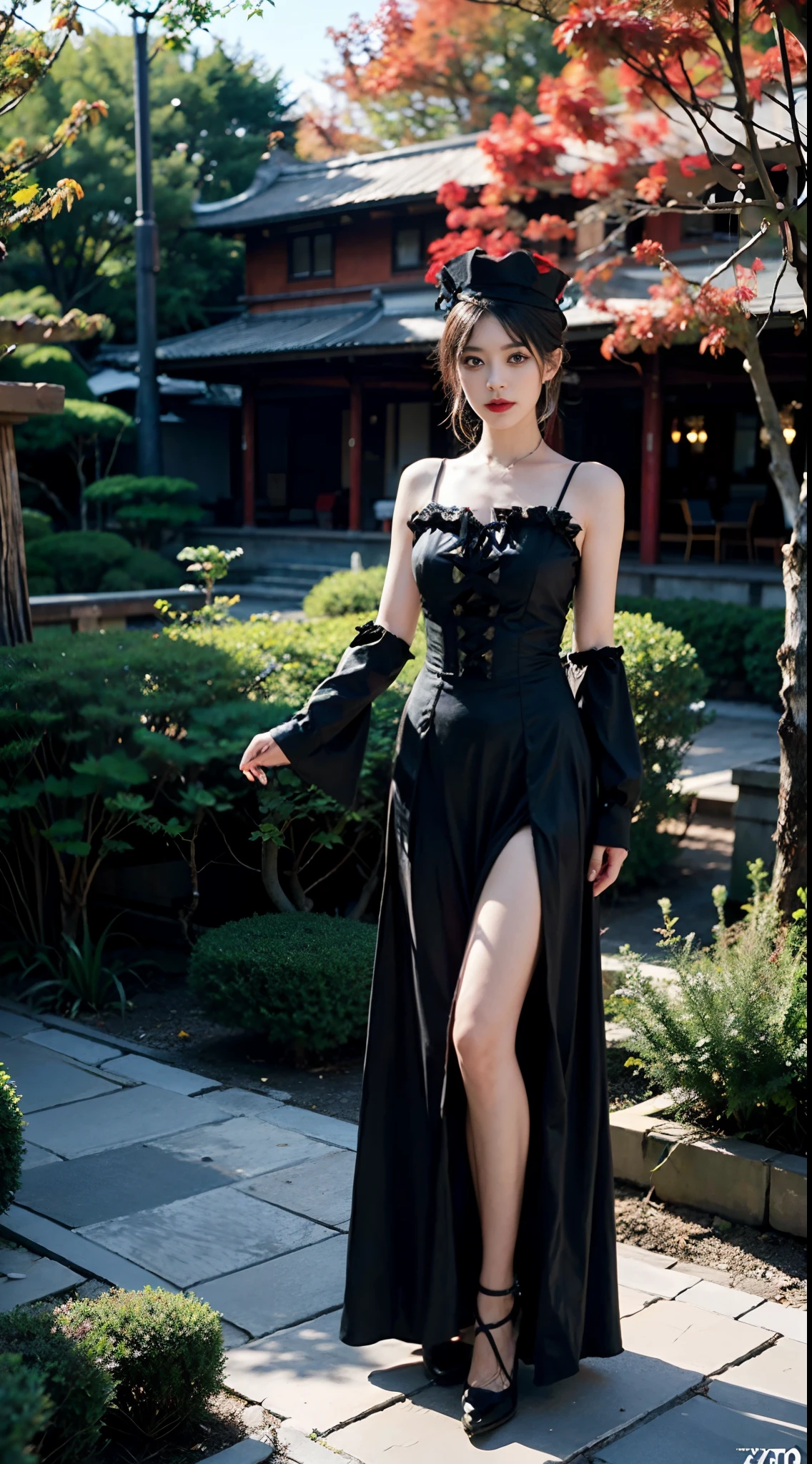 (8k, RAW photo, best quality, mastery:1.2), (realistic, photo-realistic:1.37), (aegyo sal:1), Malicious gal dressed in a red tutu and black top, a portrait inspired by Louis Grell, deviantart, gothic art, wearing modern gothic clothes, red and black costume!!!, victorian gothic lolita fashion, wearing a gothic dress, an elegant gothic princess, gothic clothing, gothic outfit, high quality theatre costume, baroque hibiscus queen, gothic fashion, ornate dark red opulent clothing, natural light, sunlight, photon mapping, radiosity, physically-based rendering , cosplay,, mechanical parts, grey eyes, steampunk hat, Kyoto garden, japanese garden in background, water, bonsai, sexy, smoke, looking at viewer, 8k high res, 8k, CG wallpaper, Realistis, crisp background, exaggerated breasts, full body lesbian