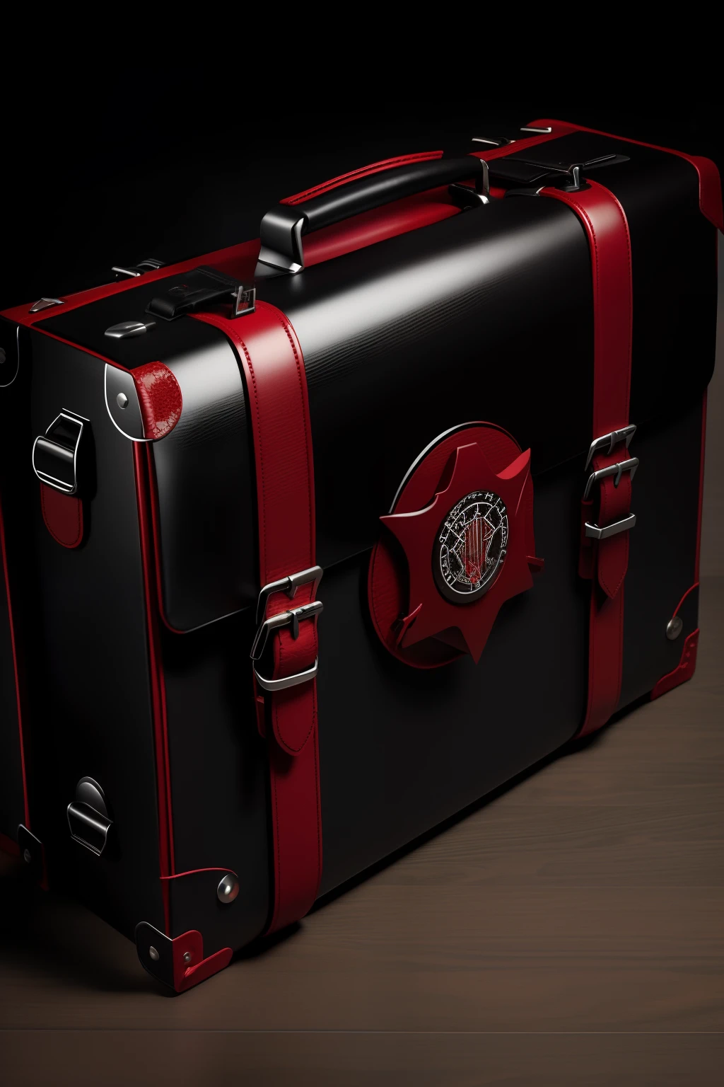 Concept art of a black and red leather briefcase with two straps, briefcase, a lot of details, Briefcase with the image of the sign of Satan, Durable parts, brutalism, Leather briefcase, 3/4 types, 3 / 4 types, Features: intricate detailing, Photo in the middle of the picture, outstanding detail, Concept art bags, Full view, stylish, Durable parts