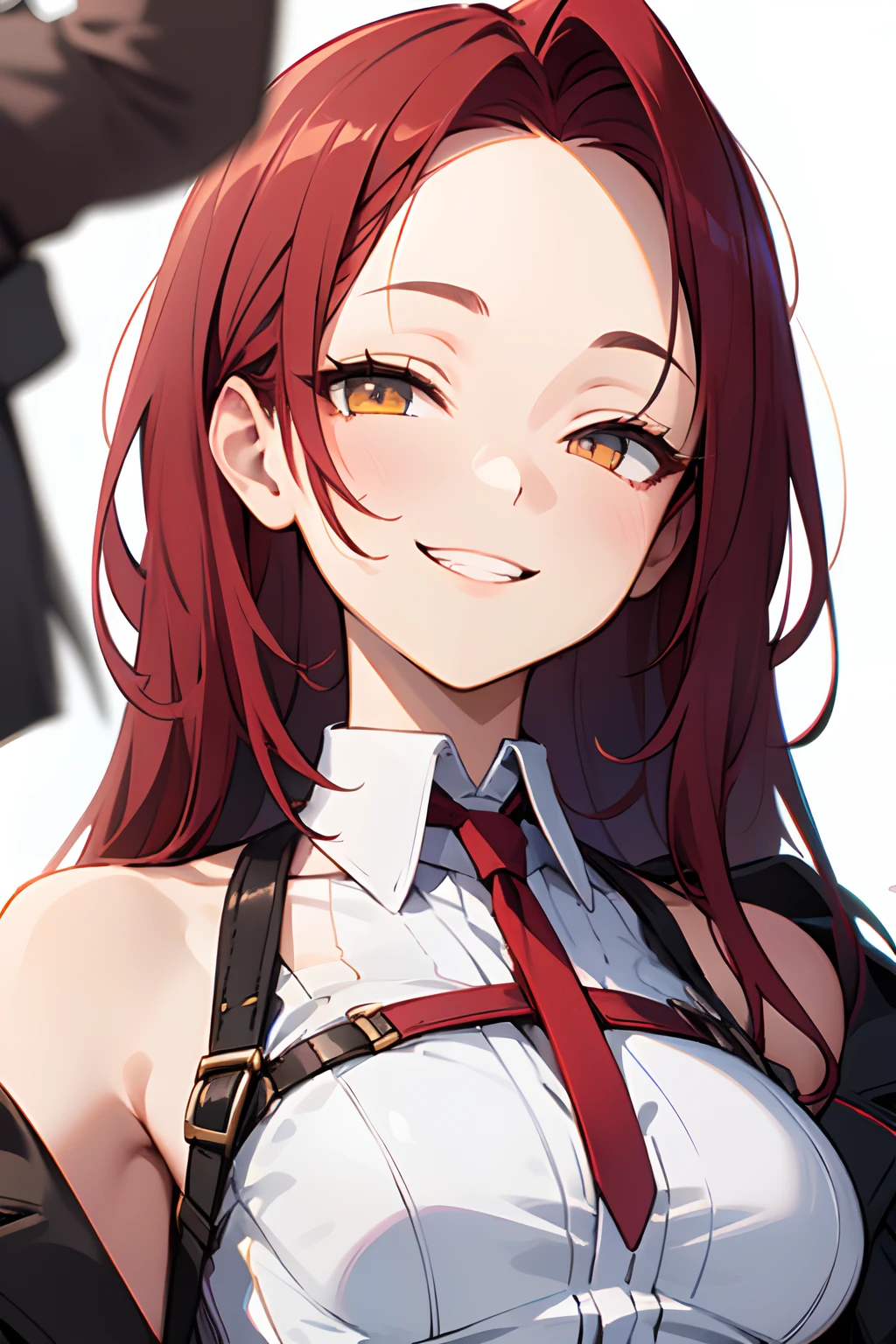 1girl, woman, solo, long hair, big hair, (forehead:1.2), (round sunglasses:1.19), yellow eyes, ((scarlet red hair)), medium breasts, devilish grin from below, white hair, (overcoat, black coat, open coat:1.2), white shirt, collared shirt, (chest harness, shoulder strap:1.15), black leather shorts, garter belt, gloves, (from below), elegant, looking at viewer, standing, chromatic aberration, (close-up to face:1.2), face only masterpiece, best quality, 4k